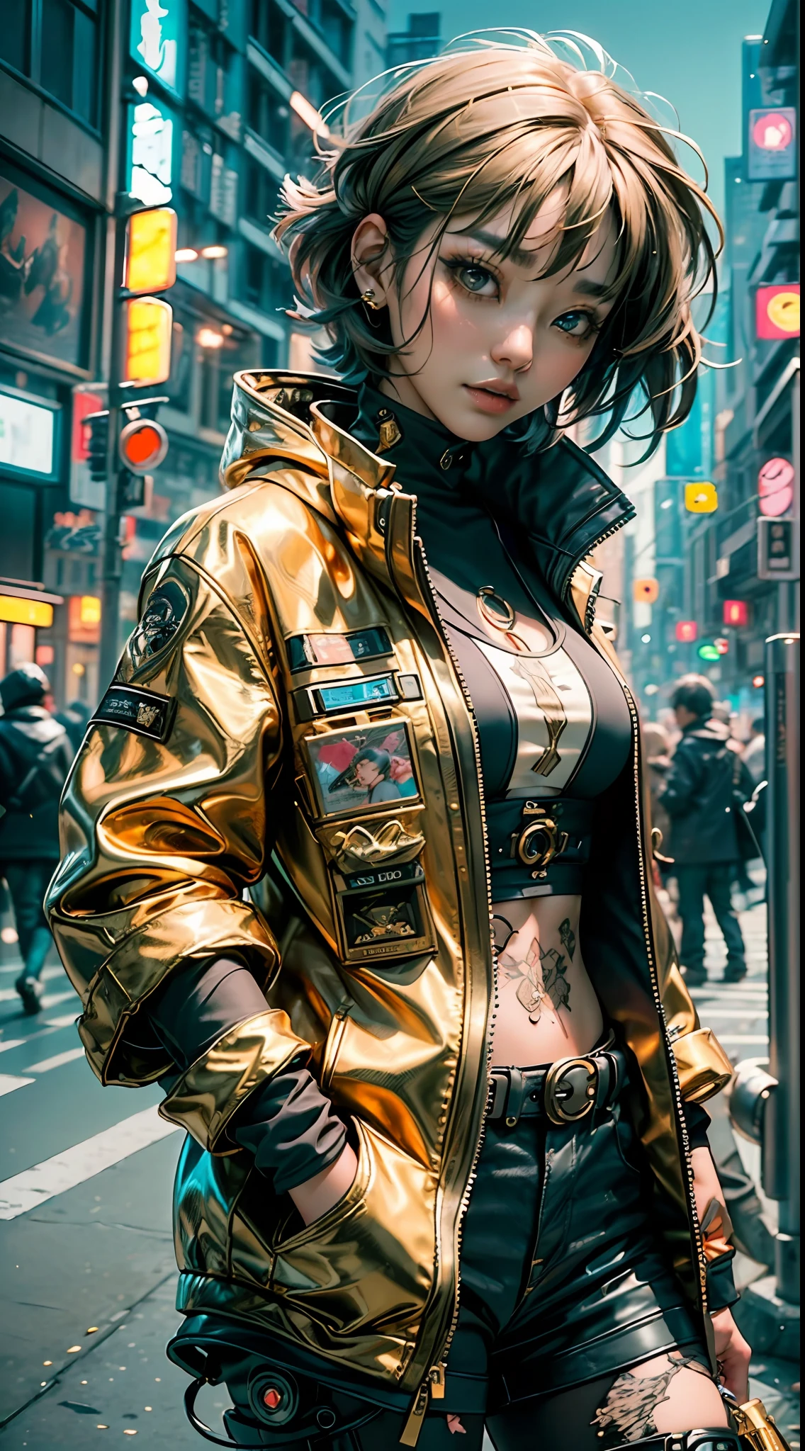 ((top-quality))、((masterpiece))、((realisitic))Ultra detailed photo of asian woman with goth and neon colors。She((Gold short hair))、I have a smartphone、Wearing a techwear jacket、It exudes an atmosphere((Beautifully Aesthetic))、A sexy、Hot