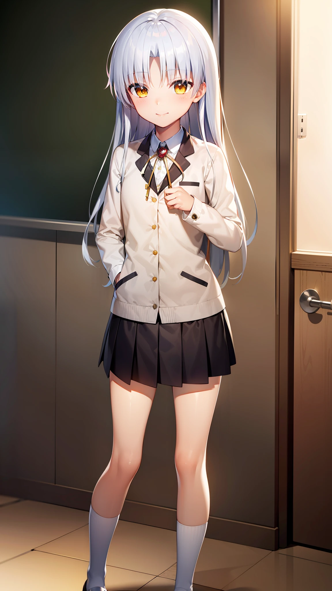 ((masterpiece)), ((best quality)), ((highres)), ((extremely detailed CG unity 8k wallpaper)), solo, tachibana kanade, black skirt, white socks, small smile, classroom, sexy pose, blush,
