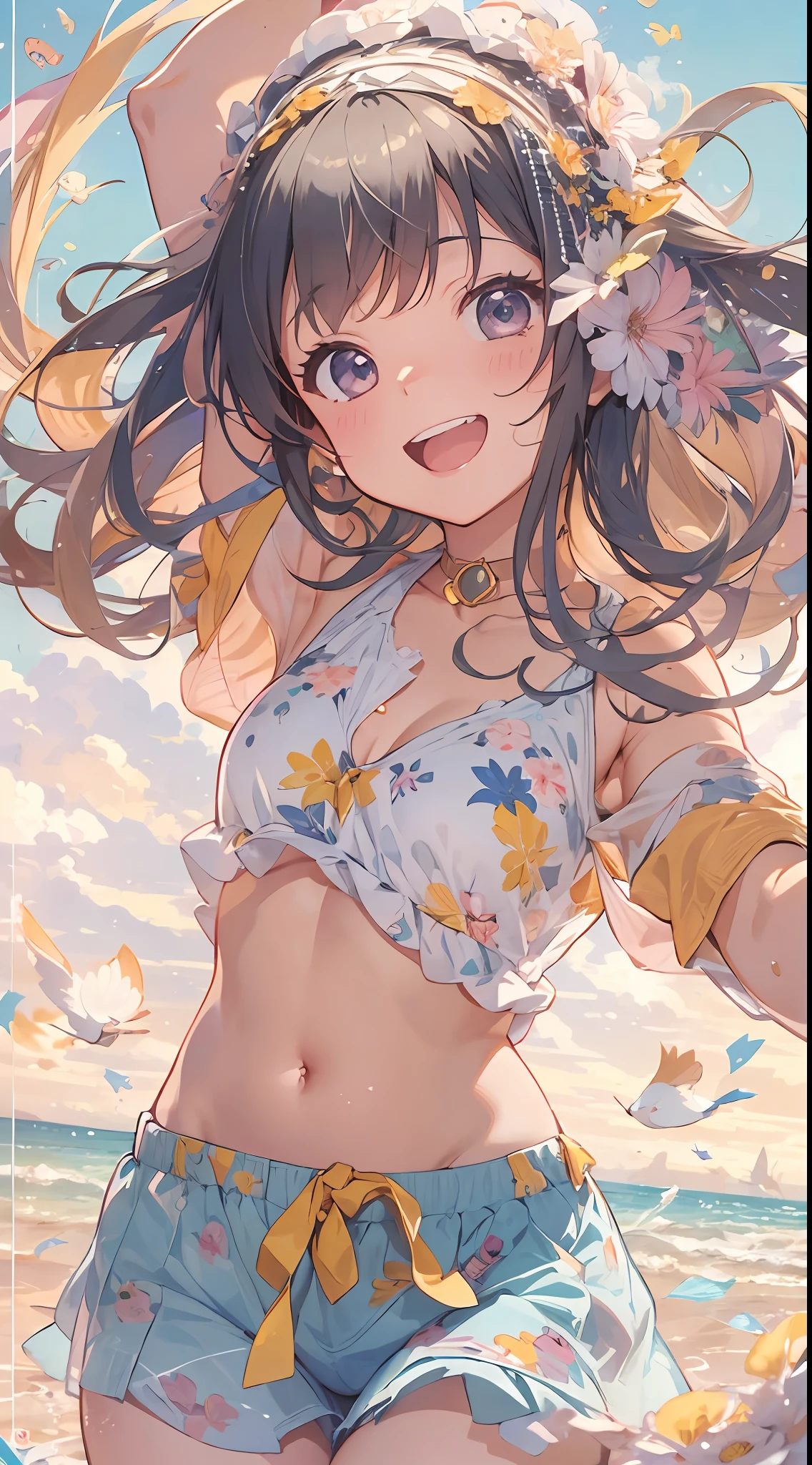 ​masterpiece、ultra-detailliert、ultra-quality、Real Stick、Illustration Award Winner、Official Art、[graphic_Art Book(「Cute girl in bikini, Jump into the air with open arms and a smile」)]