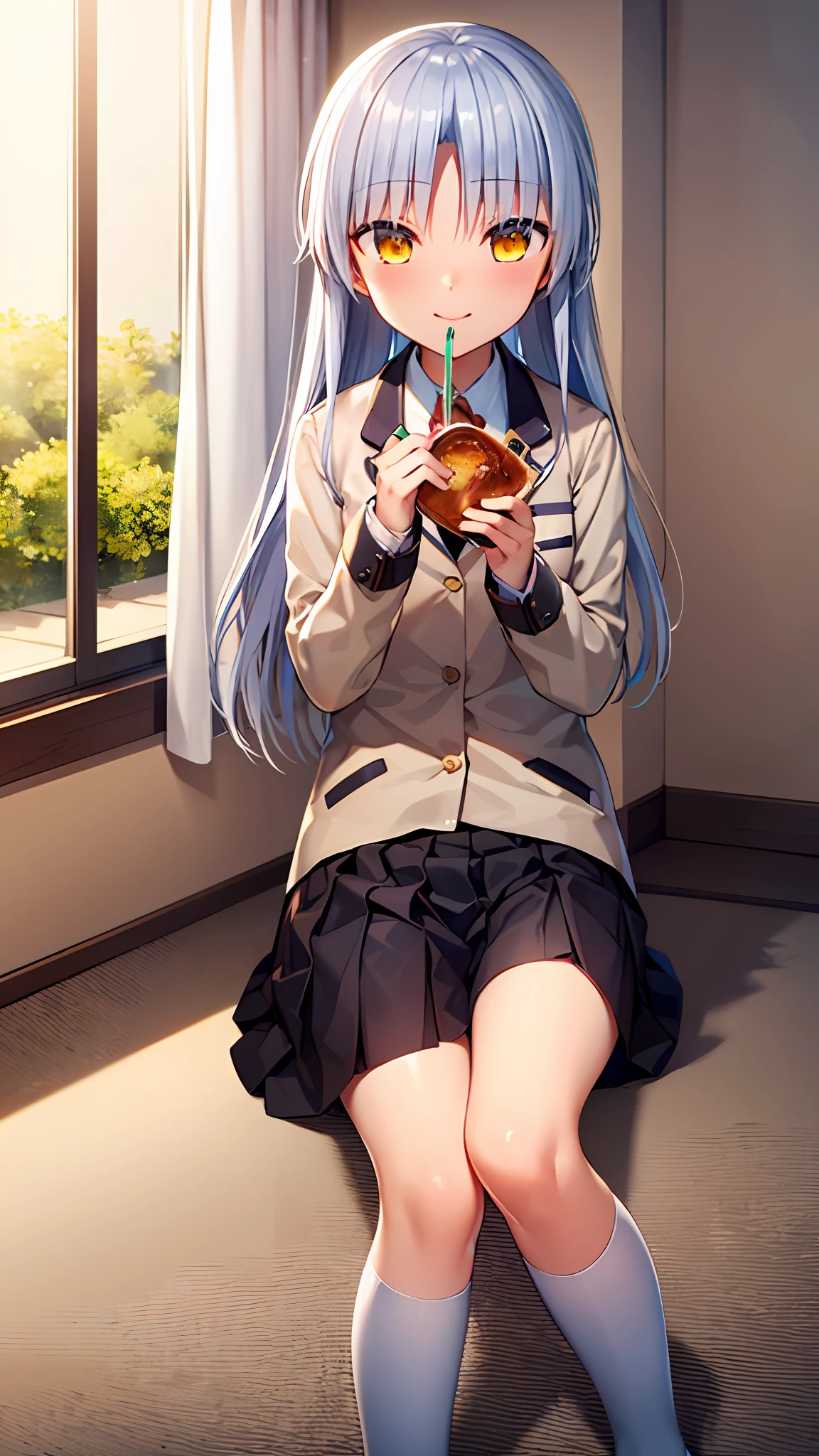 ((masterpiece)), ((best quality)), ((highres)), ((extremely detailed CG unity 8k wallpaper)), solo, tachibana kanade, tan school uniform, black skirt, white socks, curtained hair, silver hair, cafeteria, mapo tofu, smile, sitting
