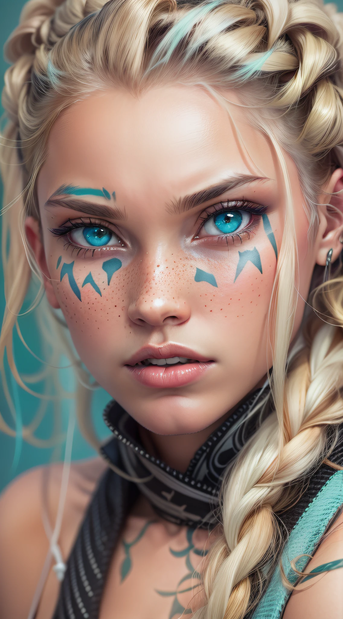 Military, blonde hair blonde woman braids with freckles turquoise blue eyes a strangulation and strangler on head tights black fishnet combination, soleil bleu, bleu