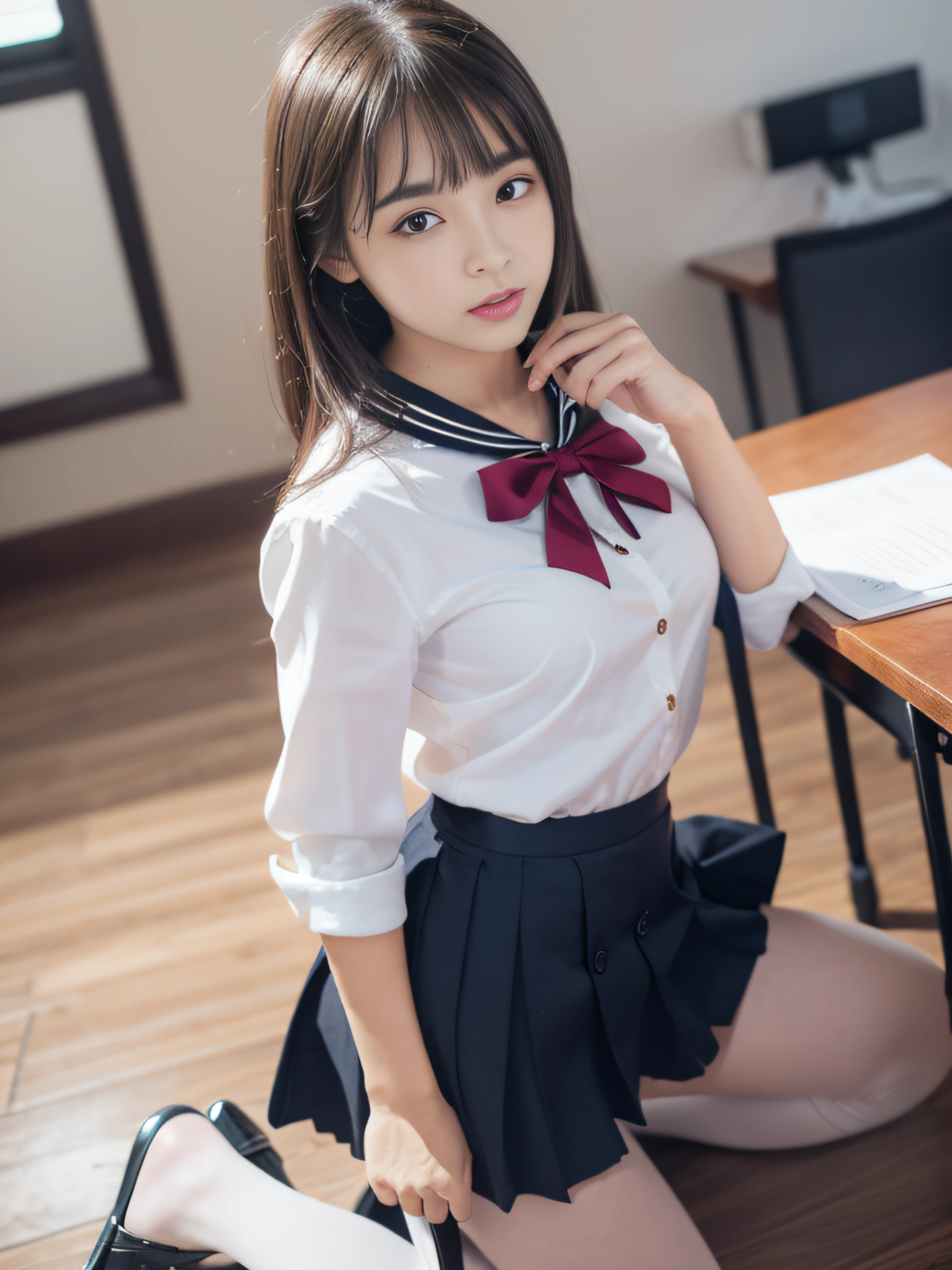 ((((Button Up High School Uniform: 1.3), JK ribbon around the neck, super short skirt, knee socks, upper shoes))), high school students, (Butt focus, zoom camera in the crotch, buttocks facing the viewer, buttocks: 1.2, on all fours, angle from behind, from a very intimate distance: 1.2)))), ((kneeling, sexual arousal: 1.5, raised buttocks)), (buttocks thrust up), blusher, Frightened expression, scared, crying, looking down, NSFW, 8k, RAW photo: 1.2, (Best quality: 1.4, Masterpiece: 1.4), Best Illustration, Ultra High Resolution, Portrait, Film grain, 1girl, Depth of field, Photorealistic: 1.4, Ultra detail, Portrait: 0.6, Light particles, Lens flare, Luminous particles: 0.6, Bokeh: 1.2, Professional Lighting, Photon Mapping, Radiosity, Physically Based Rendering, Incredibly Absurd, Glossy Skin, Pale Skin: 1.2, POV, PureErosFace_v1: 0.7, Detailed Hair, Realistic Hair, Realistic Lighting, Realistic Shadows, Realistic Clothes, Realistic Skin, Natural Skin Texture, Cute: 1.5, Fair Skin: 1.1, Round Face: 1.5, Puffy eyes, purple eyes, sagging eyes, double eyelids, (egyosar: 1), floating hair, makeup, (very dark lip gloss, so many eyelashes, eyeshadow, makeup), Japan girls, camel toes, dynamic poses, sensual, high school, classroom
