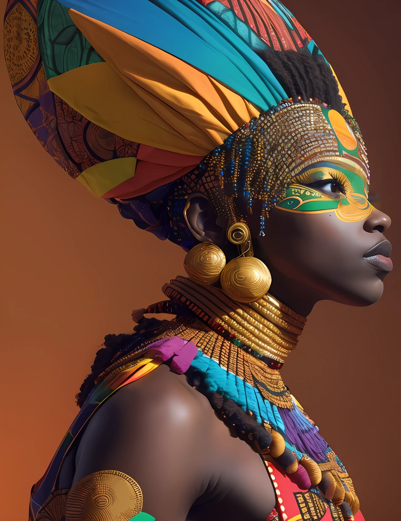 Headdress and colorful earrings are a popular way to wear African clothing, Rainha Africanoa, mulher Africanoa, Princesa Africanoa deslumbrante, Princesa negra Africanoa, afrofuturista, Africano, Princesa Africana, estilo afrofuturismoo, afrofuturismo, Afrofuturista, Um retrato impressionante de uma deusa, Artes Africanas, afrocentric mysticism, kemetic, epic 3 d oshun, mulher afro-americana