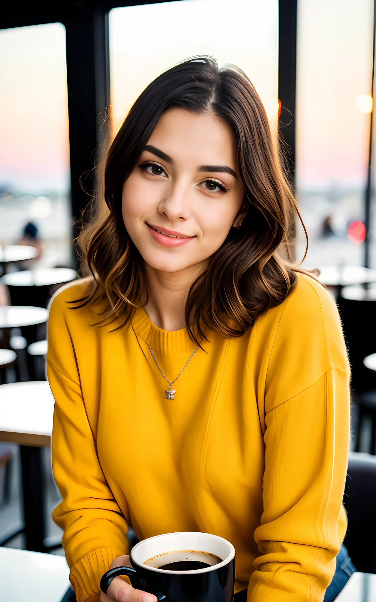 beautiful brunette wearing yellow sweater (sipping coffee inside a modern café at sunset), very detailed, 21 years old, innocent face, natural wavy hair, brown eyes, high resolution, masterpiece, best quality, intricate details, highly detailed, sharp focus, detailed skin, realistic skin texture, texture, detailed eyes, professional, 4k, charming smile, shot on Canon, 85mm, shallow depth of field,  kodak vision color, perfect fit body, extremely detailed, foto_\(ultra\), photorealistic, realistic, post-processing, maximum detail, roughness, real life, ultra realistic, photorealism, photography, 8k uhd, photography