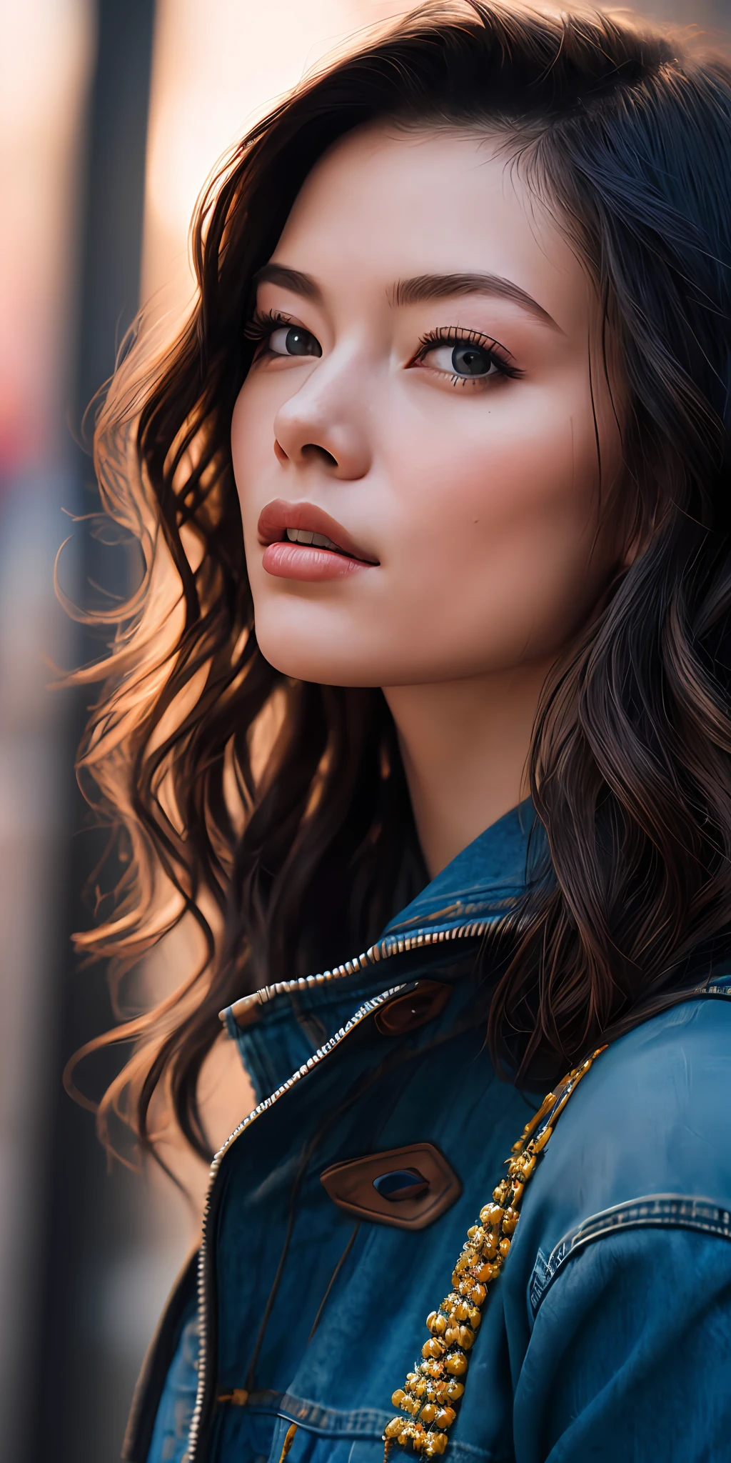 Full face portrait photo of 25 year old European girl, RAW, beautiful woman, semi-open strawberry lip, dimples, wistful expression, (brown hair with extra long wavy), ((detailed face)), ((detailed facial features)), (fine detailed skin), pale skin, cyberpunk megacity environment, (cool color), moist, damp, reflection, (masterpieceShot with Canon EOS R5 (detail) (Realistic photos) (Detailed details) 50mm lens, f/2.8, HDR, (8k) (wallpaper) (cinematic lighting) (dramatic lighting) (sharp focus) (complex), RAW photography, RAW photography, gigachad photography, camera pose, black jeans, back arm, 8k uhd, dslr, high quality, Grain Film, Fujifilm XT3, Film Stock Photo 4 Kodak Portra 400 Camera F1.6 Lens Rich colors Ultra-realistic textures Dramatic lighting Unreal Engine Art Station Trends Cinestill 800 Tungsten, Toughboy Style, Ultra Focus Face, Intimidating, Fighting Position, Short Messy Hair, Muscles, Bursting Veins, Beads