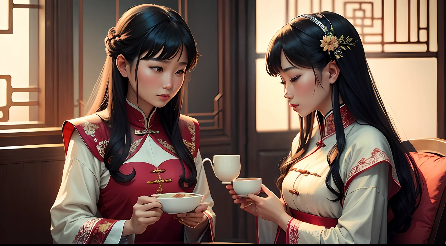 A couple of Asian women, elegantly dressed in traditional costumes, share an intimate moment while sipping tea in a Chinese home, sob o charme da chuva suave e envolvente. The serene atmosphere and the romantic atmosphere reinforce the special connection between them, como se o tempo tivesse parado para apreciar esse momento de afeto e harmonia cultural. --auto