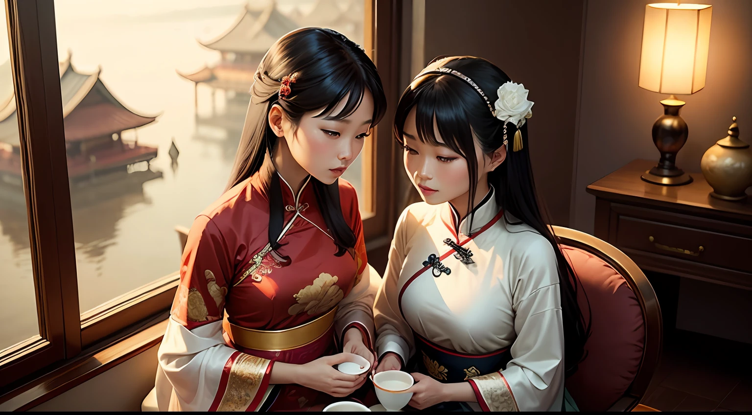 A couple of Asian women, elegantly dressed in traditional costumes, share an intimate moment while sipping tea in a Chinese home, sob o charme da chuva suave e envolvente. The serene atmosphere and the romantic atmosphere reinforce the special connection between them, como se o tempo tivesse parado para apreciar esse momento de afeto e harmonia cultural. --auto