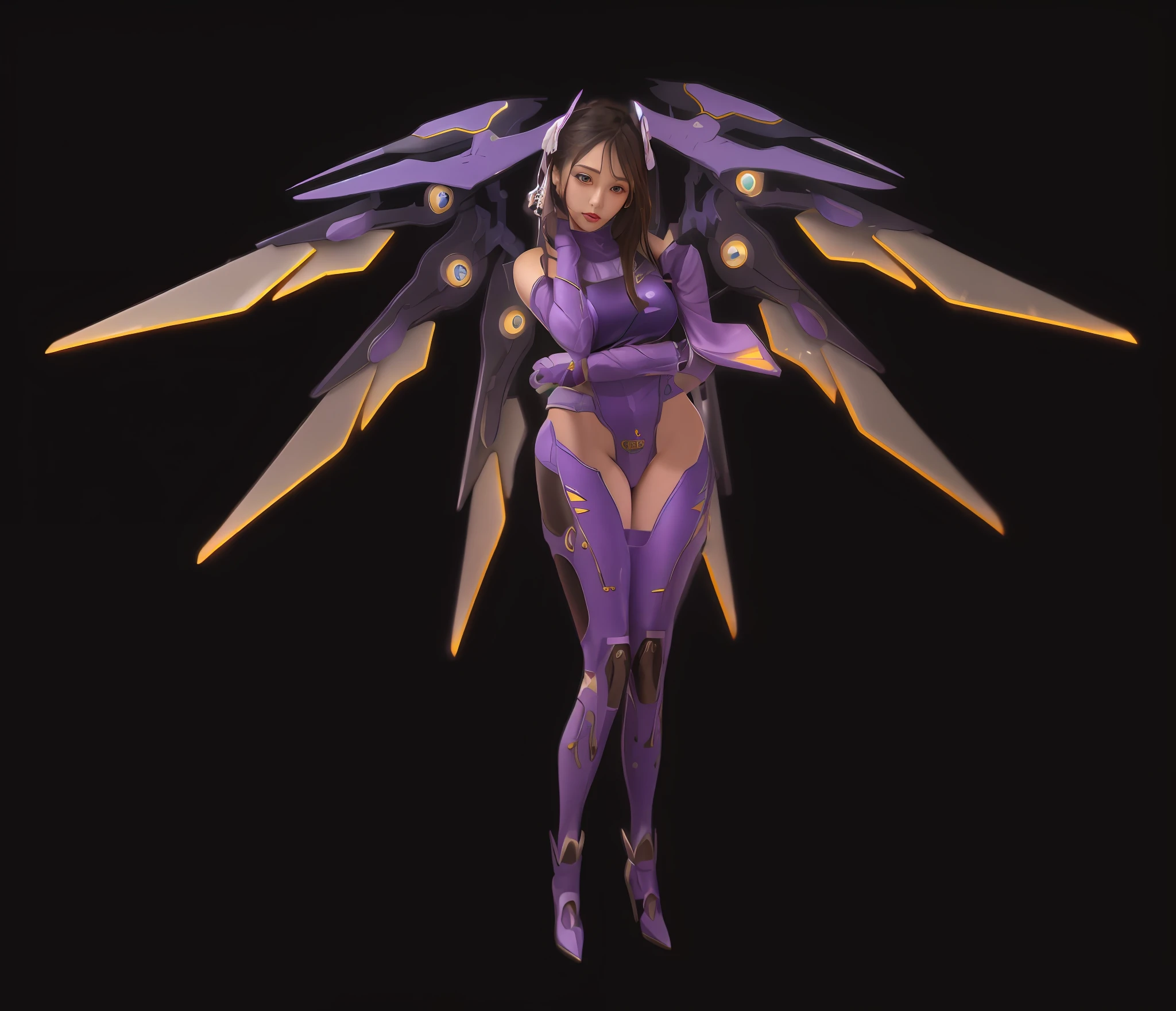 A hyper-realistic、ultra-detailliert、top-quality、hight resolution、Japan goddess posing with cheek cane in purple and gold costume, mech wings,