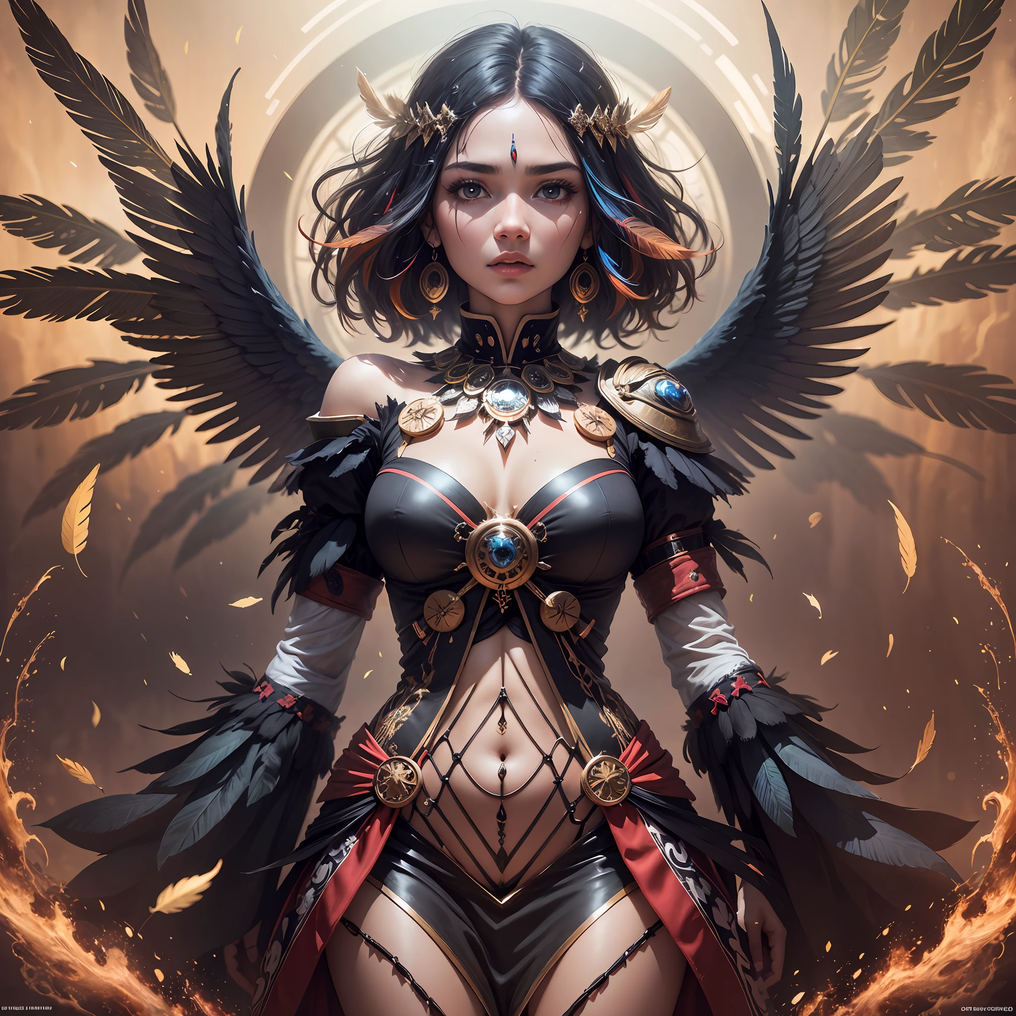 Pretty Indigenous girl with short and multi colored hair and a black dress, Beautiful Heavenly Mage, feathers, splash, wisp, fractal, high definition, centered, high definition, high quality, professional cinematic lighting, 16K, movie poster, high quality, high quality, high definition --auto --s2