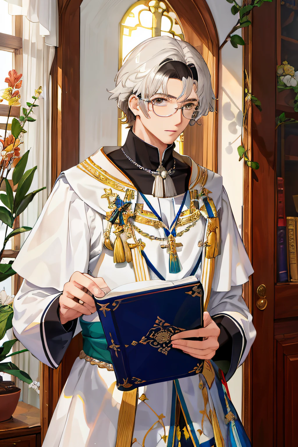 (obra-prima:1.4), (melhor qualidade:1.4), realista, 1 homem idoso, Francisco Cândido Xavier \(destino\), long white tunic, biblioteca, wearing goggles, religioso, cabelo grisalho