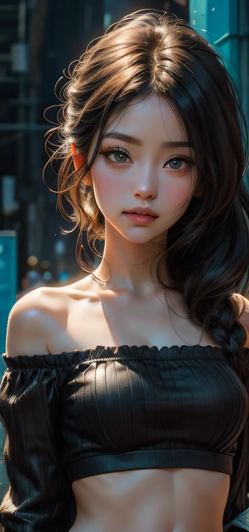 tmasterpiece, beste-Qualit, 1 girl, Aqua-colored eyes, black  hair, closed mouth, multicolored background, looks at the viewer, exteriors, 独奏, upper-body, winning, clean, beatiful face, Face Clean, pale skin, sexypose,(( topic , off-shoulder, bellybutton, briefs)), hairlong, ((perfect female figure)) Jisoo, seductive, Very detailed, beste-Qualit, tmasterpiece, hight resolution, Original, extremely detailed 8K wallpaper ,tmasterpiece,beste-Qualit,illustartion,beautifully detailed eyes,电影灯光,