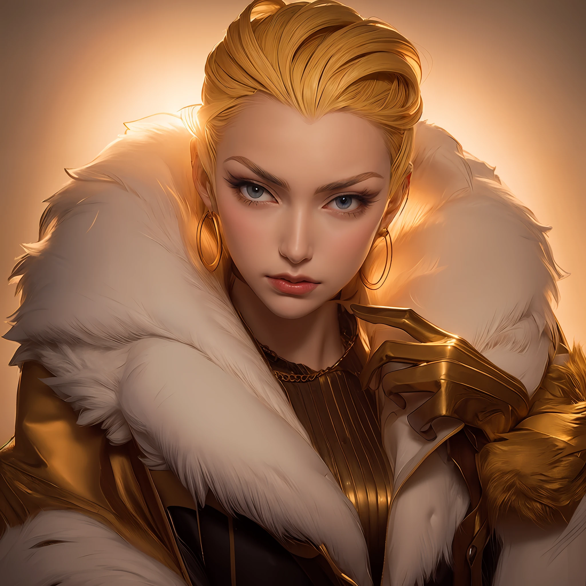 Pale color background,Anime - a portrait of a woman,Gangster noblewoman,Moist and clear red eyes,golden hair,Furry shawl,Purple coat,Red shawl and white shirt,a mature female,{8K}, best qualityer, tmasterpiece, {超高分辨率}, slender body, mediuml breasts, symmetriced face, {underdressing}, Intricate elegance, fanciful,
