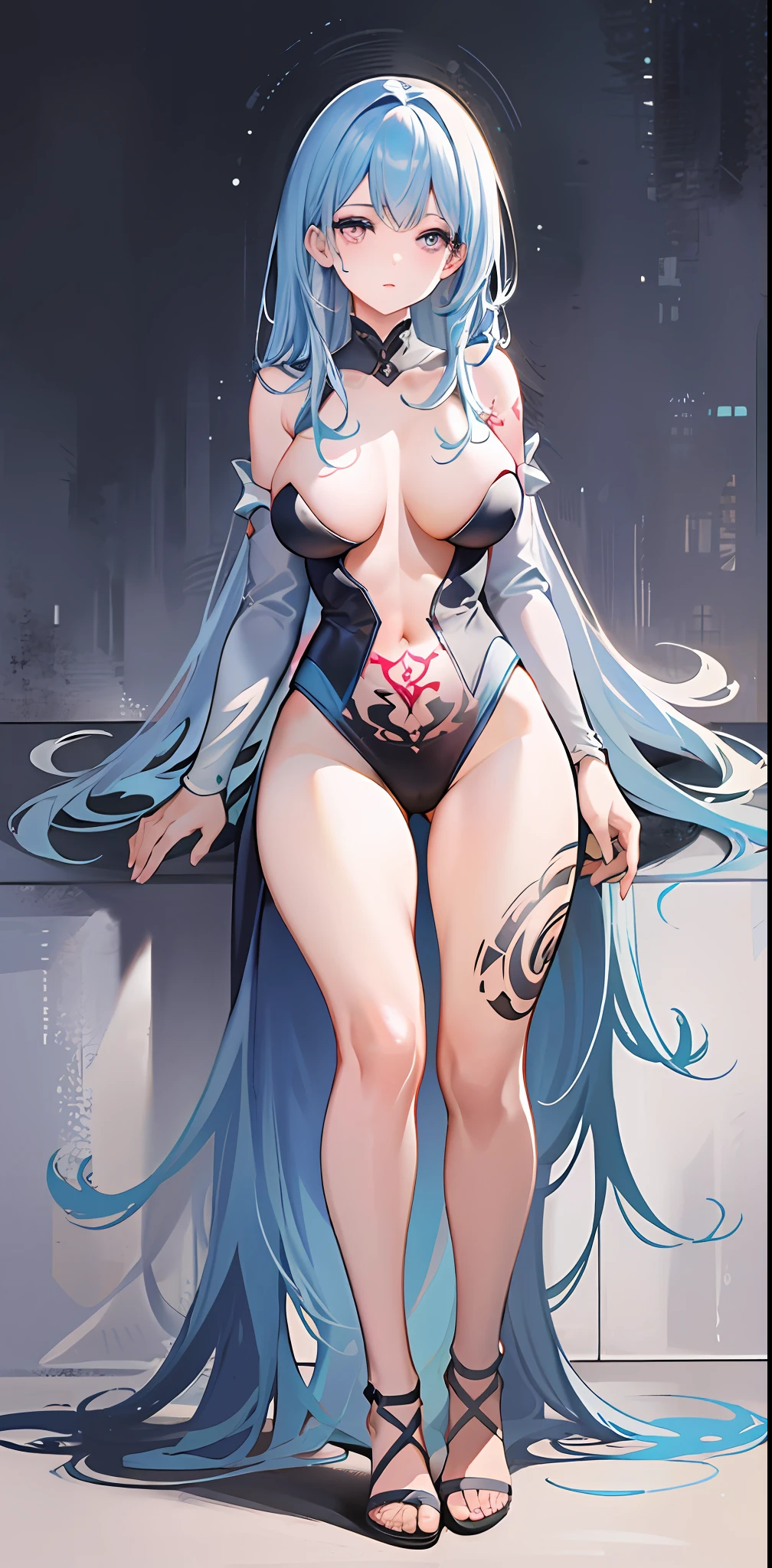 Ultra HD 2D art, close-up (1 female), light blue hair, 2D animation style, soft and delicate depiction, also pay attention to her full body tattoo (full body art), landscape mode, masterpieces by Guweiz and James Jean, tattoo expert designs by CGSCOSITY, etc. A beautiful blue-haired girl