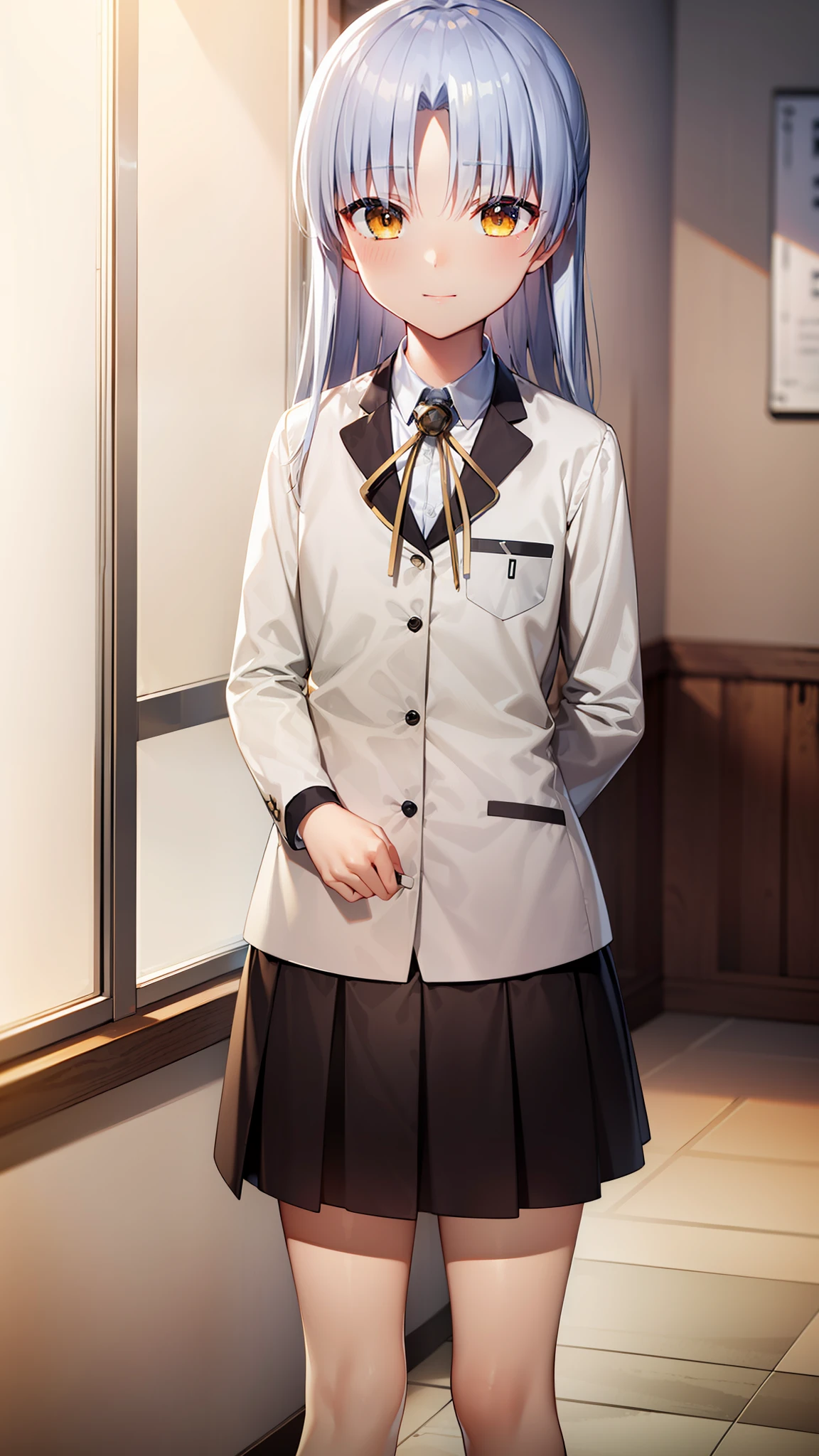 ((masterpiece)), ((best quality)), ((highres)), ((extremely detailed CG unity 8k wallpaper)), solo, tachibana kanade, black skirt, white socks, small smile, classroom, parted bangs, emotionless,