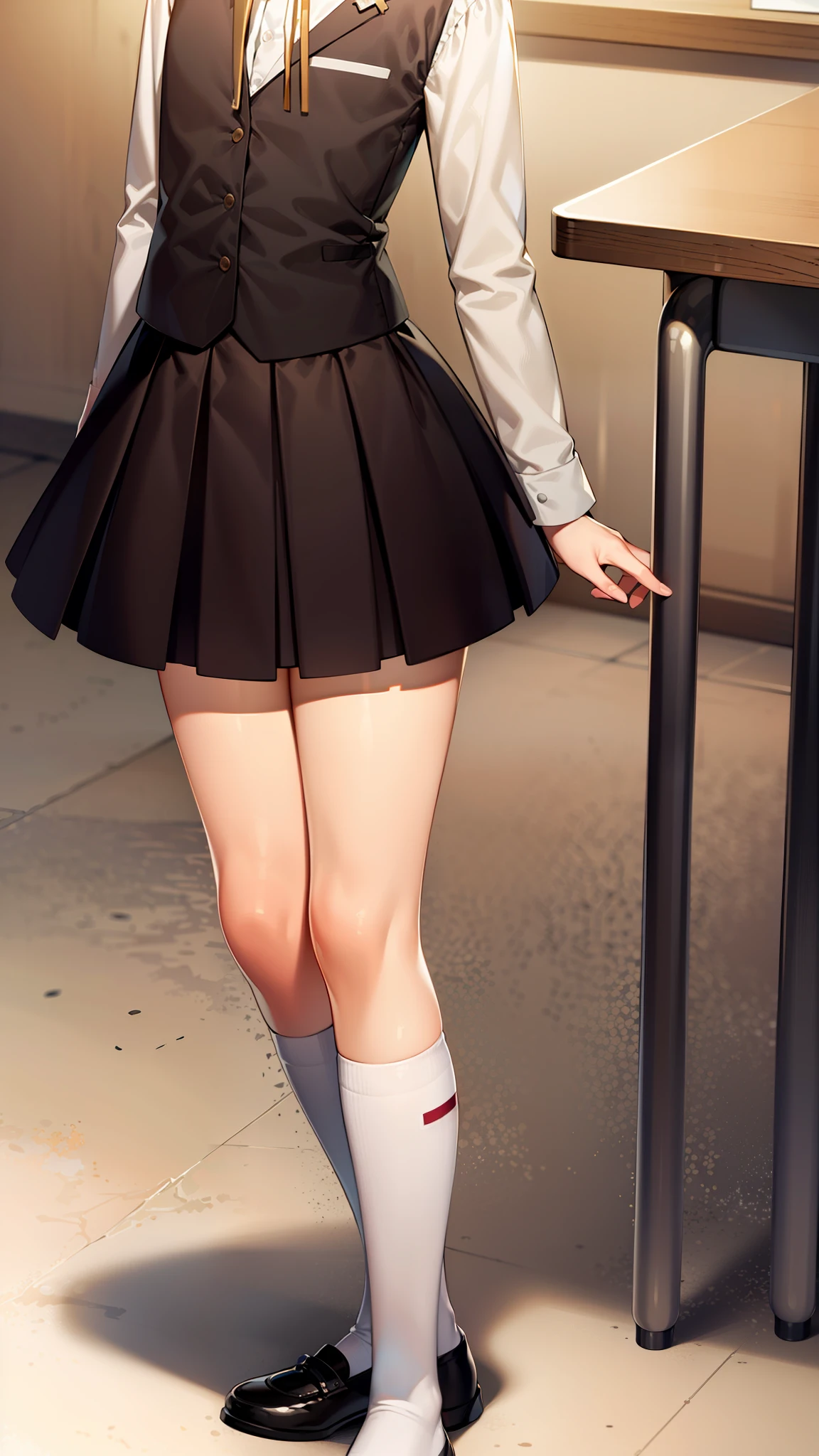 ((masterpiece)), ((best quality)), ((highres)), ((extremely detailed CG unity 8k wallpaper)), solo, tachibana kanade, black skirt, white socks, small smile, classroom, parted bangs, emotionless,