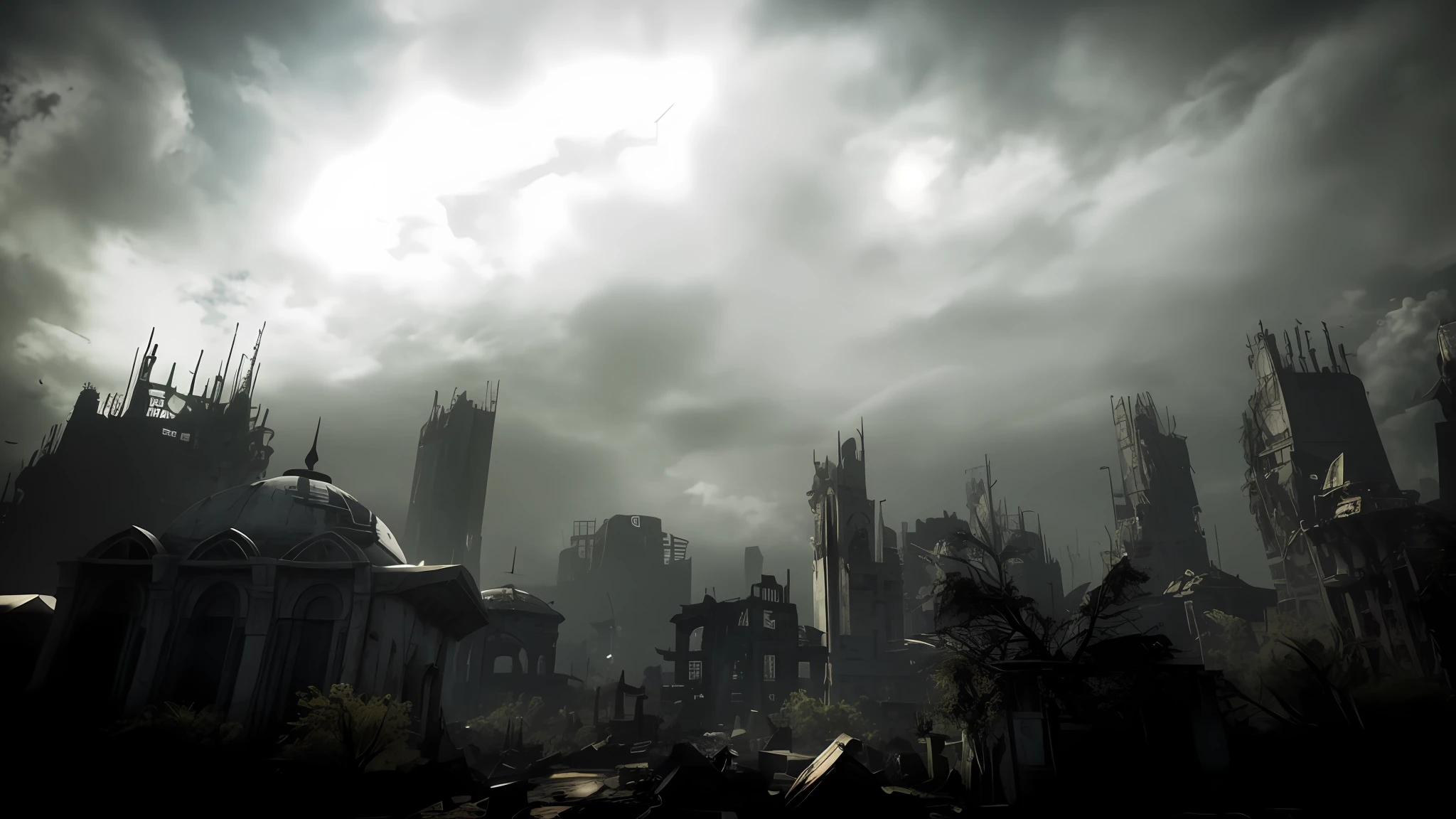 Arafed city with a clock tower and a cemetery in the foreground, destroyed city in the background, Ruins of the Dark City, Ruins of the cityscape in the distance, Cidade arruinada no fundo, Wrecked City, Cidade arruinada ao fundo, bleak apocalyptic environment, paisagem urbana arruinada, em uma paisagem urbana arruinada, background is a city in ruins, post - apocalyptic city, Cidade Imperial ao Longe