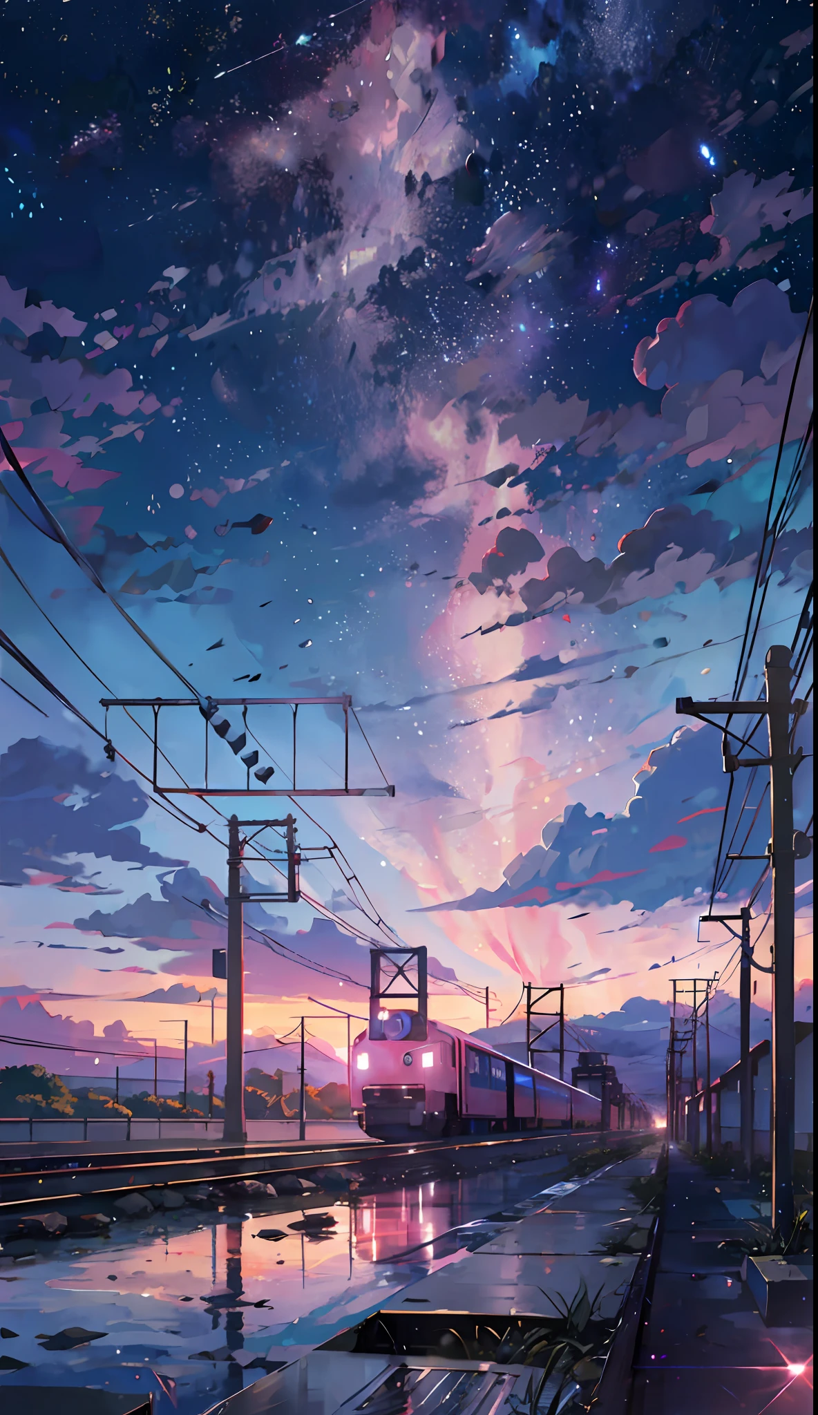 Anime train crossing track in sky background, beautiful and harmonious scene, exquisite animation, rich details (width is 672), high quality, clarity 4k, artistic 4k wallpaper, stunning anime landscape, 8k art wallpaper.