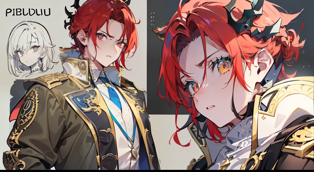 ((highest quality, masterpiece, 4k, finely detailed, detailed eyes, detailed face, intricate details, pixiv, gelbooru)), (((reference sheet, full body pose))), male, wild hairstyle, red hair, modern clothing, sharp eyes, intense pose