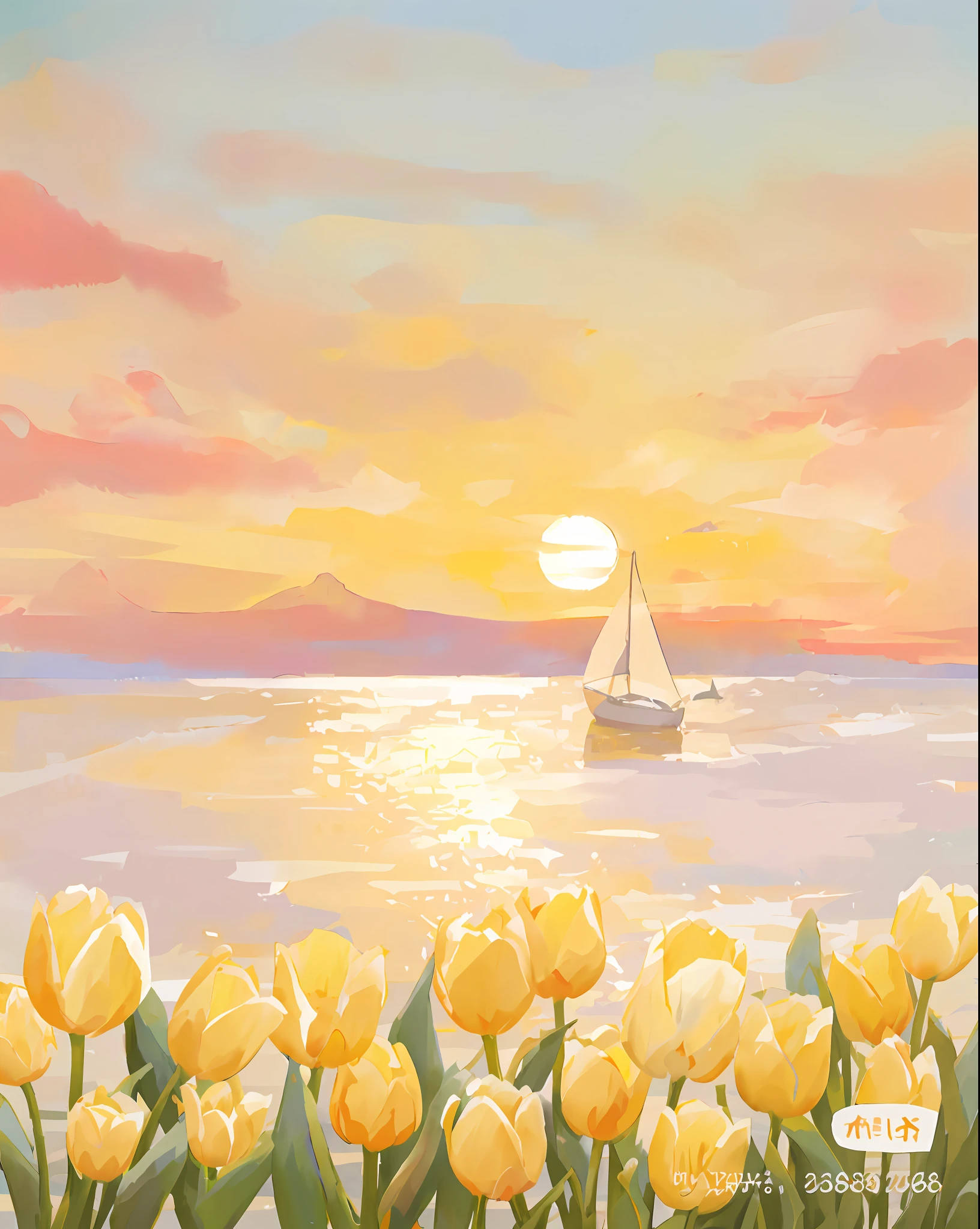 Painting a sailboat in the sea with yellow tulips, sunset illustration, sunset warm spring, floral sunset, warm beautiful scene, watercolor digital painting, Sunset background, A beautiful artwork illustration, golden hour background, Beautiful art UHD 4 K, landscape artwork, beach sunset background, Beautiful Landscape Background, sunrise background, Detailed scenery —width 672, serene illustration --auto