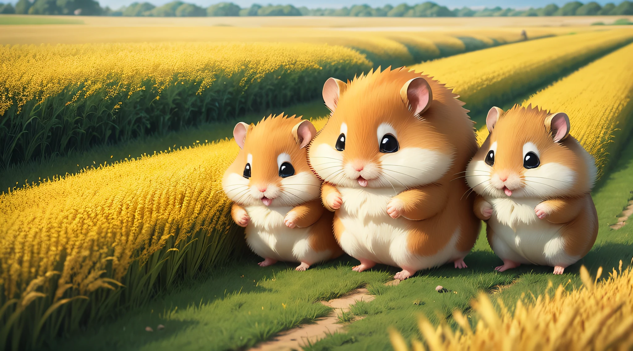 hamster,happy with life,Golden wheat fields,Work together,Celebrate happily,in style of hayao miyazaki