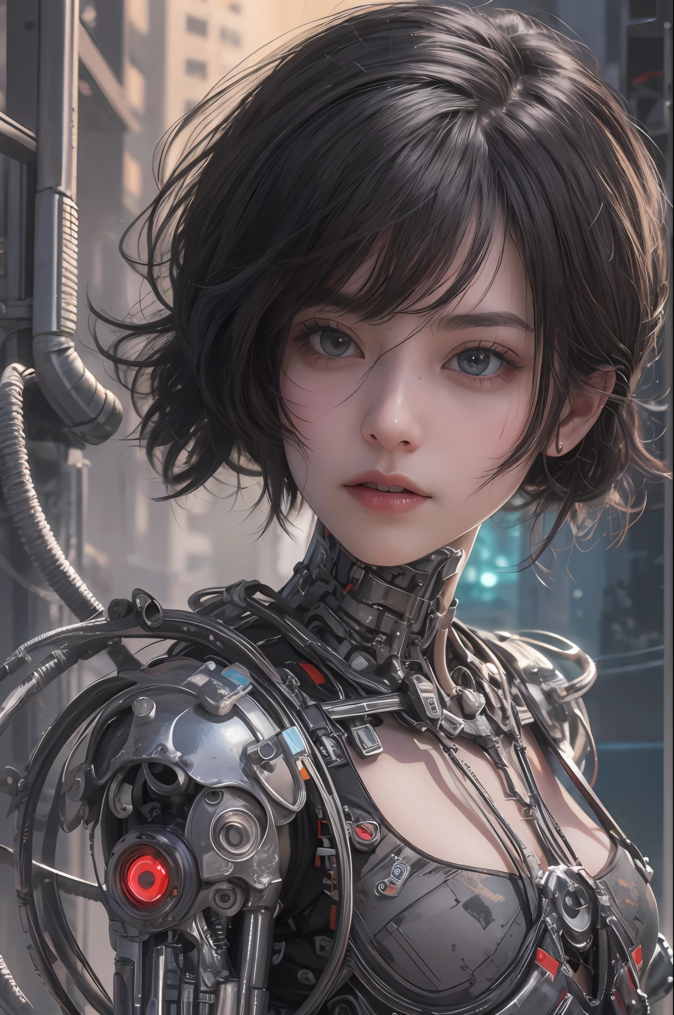 Top Quality, Masterpiece, Ultra High Resolution, (Photorealistic: 1.4), Raw Photo, 1 cyberpunk Girl, Black Hair, Glossy Skin, 1 Mechanical Girl, (Ultra Realistic Detail)), ((Full body)), Global Illumination, Contrast, Shadows, Octane Rendering, 8K, Ultra Sharp, Cleavage Exposed, Raw Skin, Metal, Intricate Ornament Details, Japan Details, Very intricate details, realistic light, CGSoation trend, facing the camera, neon details, mechanical limbs, blood vessels connected to the tube, mechanical vertebrae attached to the back, mechanical cervical attachment to the neck, wires and cables connecting to the head, gundam, small LED lamps.