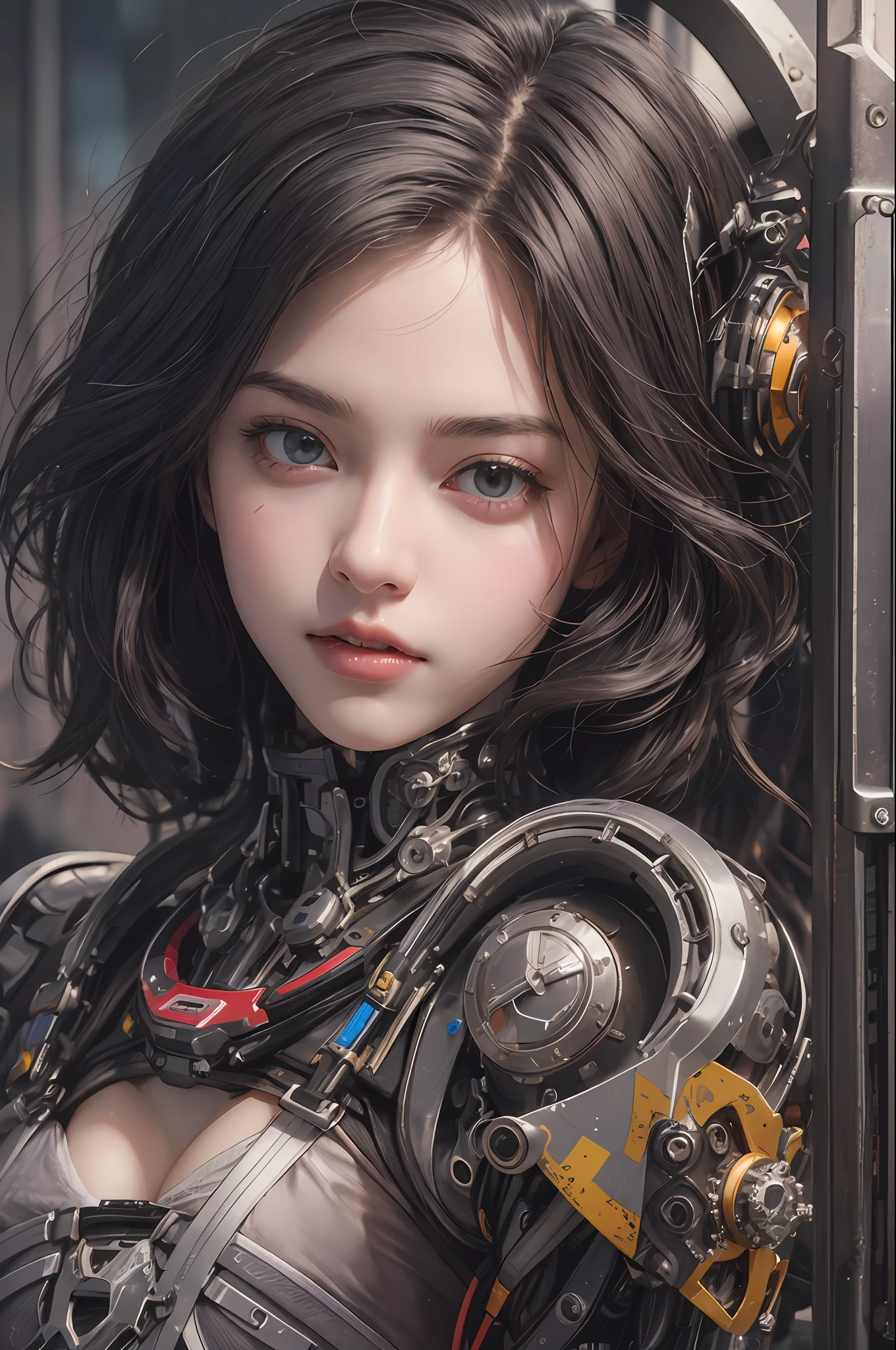 Top Quality, Masterpiece, Ultra High Resolution, (Photorealistic: 1.4), Raw Photo, 1 cyberpunk Girl, Black Hair, Glossy Skin, 1 Mechanical Girl, (Ultra Realistic Detail)), ((Full body)), Global Illumination, Contrast, Shadows, Octane Rendering, 8K, Ultra Sharp, Cleavage Exposed, Raw Skin, Metal, Intricate Ornament Details, Japan Details, Very intricate details, realistic light, CGSoation trend, facing the camera, neon details, mechanical limbs, blood vessels connected to the tube, mechanical vertebrae attached to the back, mechanical cervical attachment to the neck, wires and cables connecting to the head, gundam, small LED lamps.