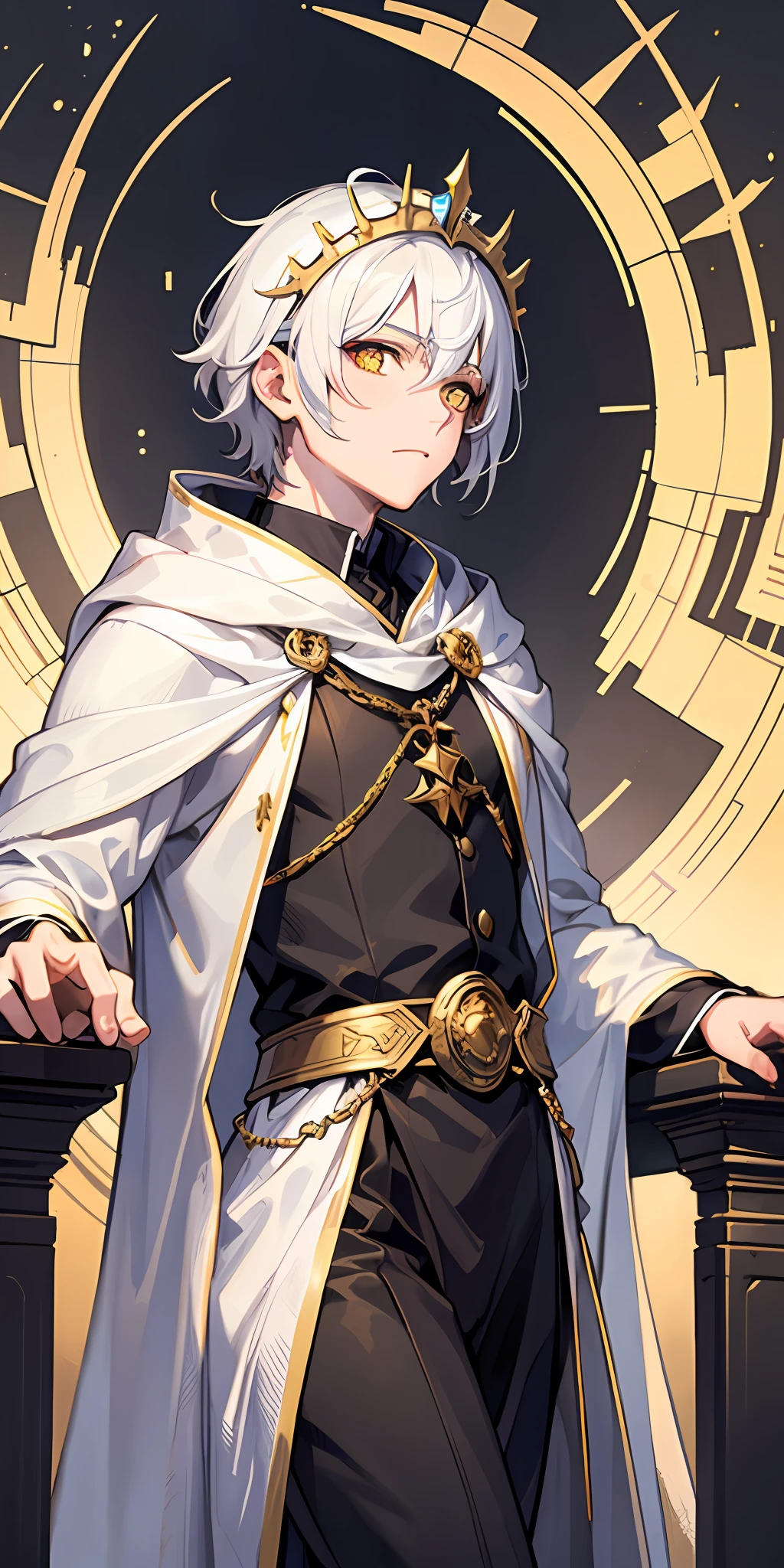 1boy, sun crown, white robes, ancient, golden eyes, white hair, gwyndolin, dark souls
