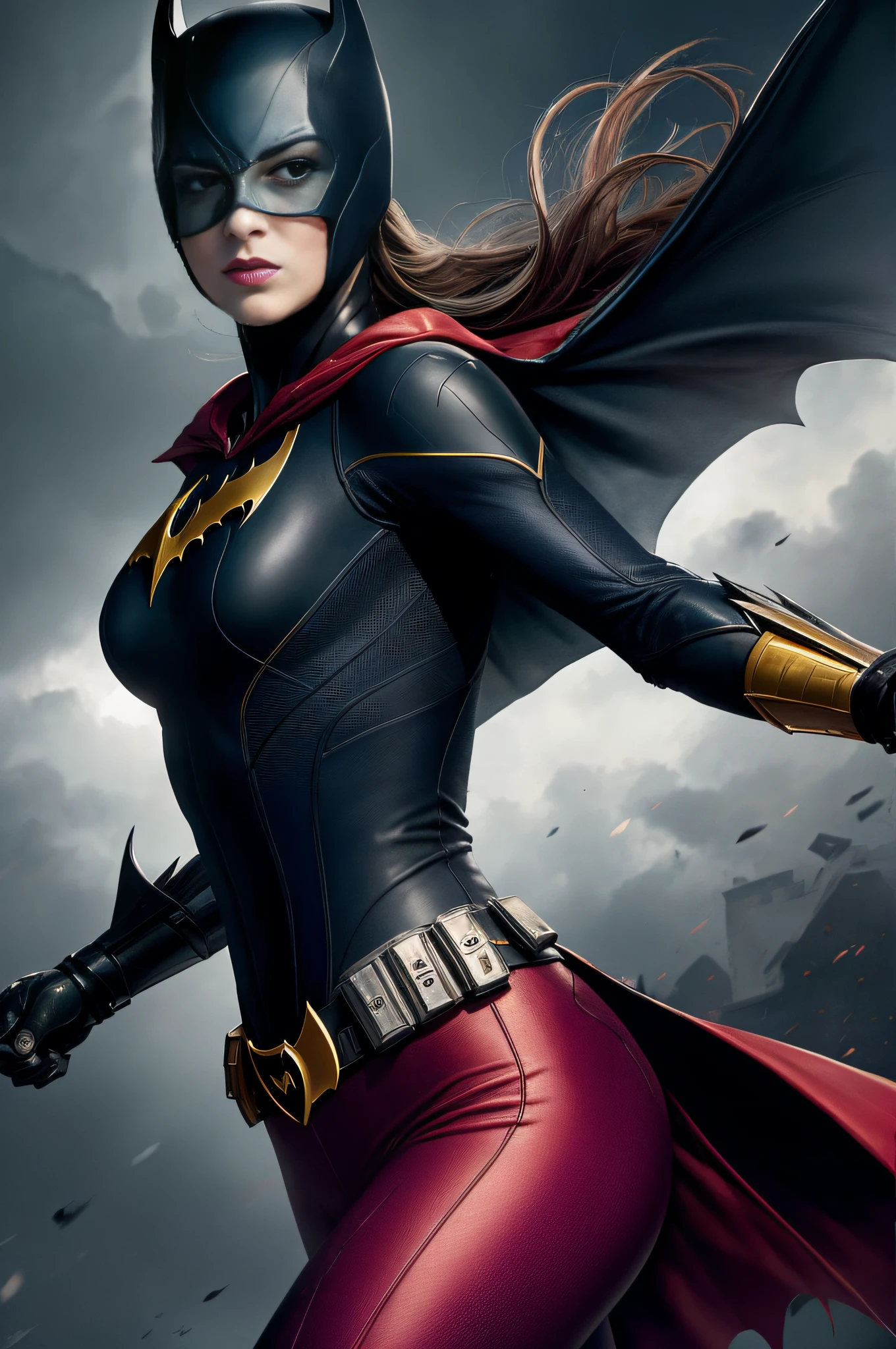 emma stone, (8k, RAW photo, best quality, masterpiece: 1.2), ultra detailed, official art, photo-realistic, upper body shot, DC Batgirl, film grain, action pose, chubby, batwoman, plump, woman 30 years