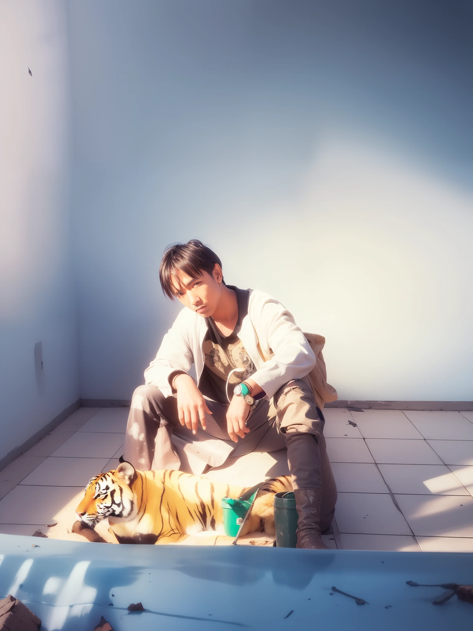 Laki, sitting in a swamp, with many collapsed buildings, tiger beasts, muddy, overcast sky