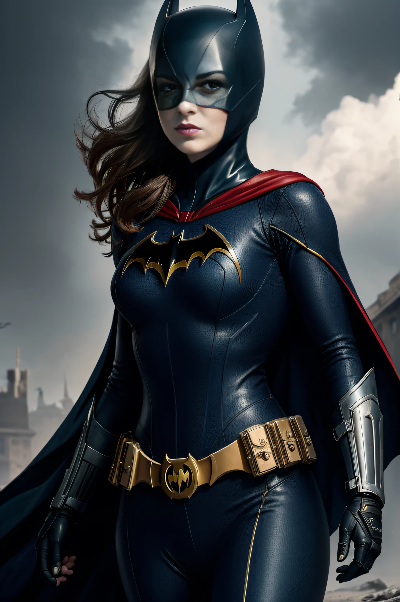 emma stone, (8k, RAW photo, best quality, masterpiece: 1.2), ultra detailed, official art, photo-realistic, upper body shot, DC Batgirl, film grain, action pose, chubby, batwoman, plump, woman 30 years