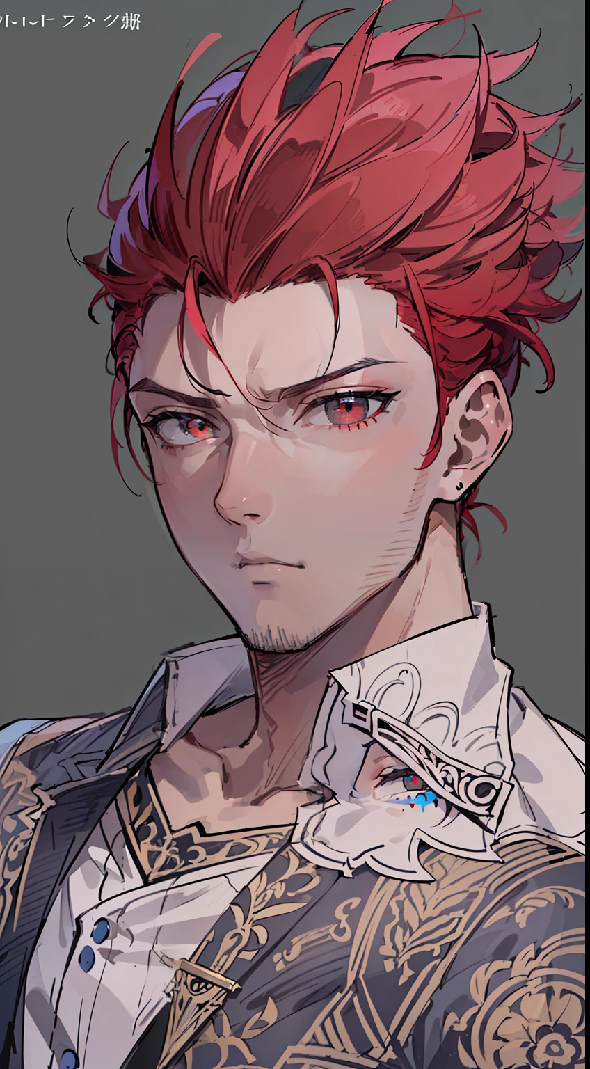 ((highest quality, masterpiece, 4k, finely detailed, detailed eyes, detailed face, intricate details, pixiv, gelbooru)), (((reference sheet, 3 different expression headshots, full body pose))), male, wild hairstyle, black and red hair, modern clothing, sharp eyes, intense pose