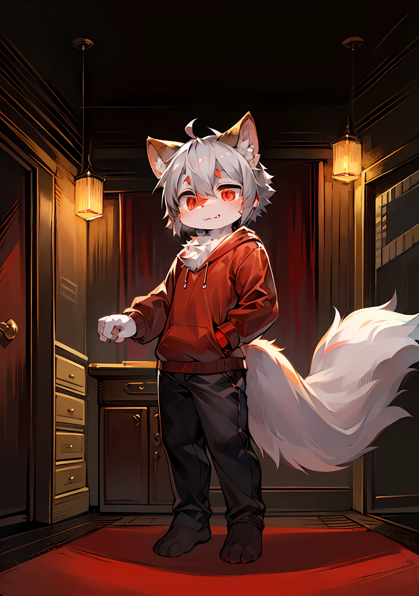 (ambiente dark:0.8),masterpiece,high quality,abstract res,digital painting\(artwork\), by dagasi, yupa,kiyosan,(anthro,fluffy fur,character focus:1.1),anthro male cat,short hair,portrait , eyes with brightness, in a panoramic view, Character focus.(detailedbackground:0.7), 独奏, shaggy, shaggy male, malefocus, anthr,(Full Body Furry, Fluffy tail, White fur, red color eyes, Gray hair:1.2), (long canines,(interiors、the night、borgar、)