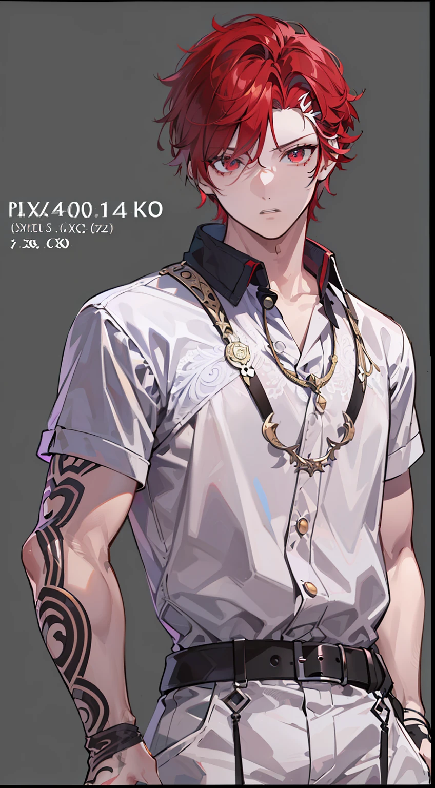 ((highest quality, masterpiece, 4k, finely detailed, detailed eyes, detailed face, intricate details, pixiv, gelbooru)), (((reference sheet, full body pose))), male, wild hairstyle, black and red hair, modern clothing, sharp eyes, intense pose