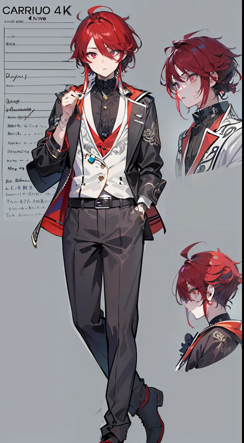 ((highest quality, masterpiece, 4k, finely detailed, detailed eyes, detailed face, intricate details, pixiv, gelbooru)), (((reference sheet, full body pose))), male, wild hairstyle, black and red hair, modern clothing, sharp eyes, intense pose