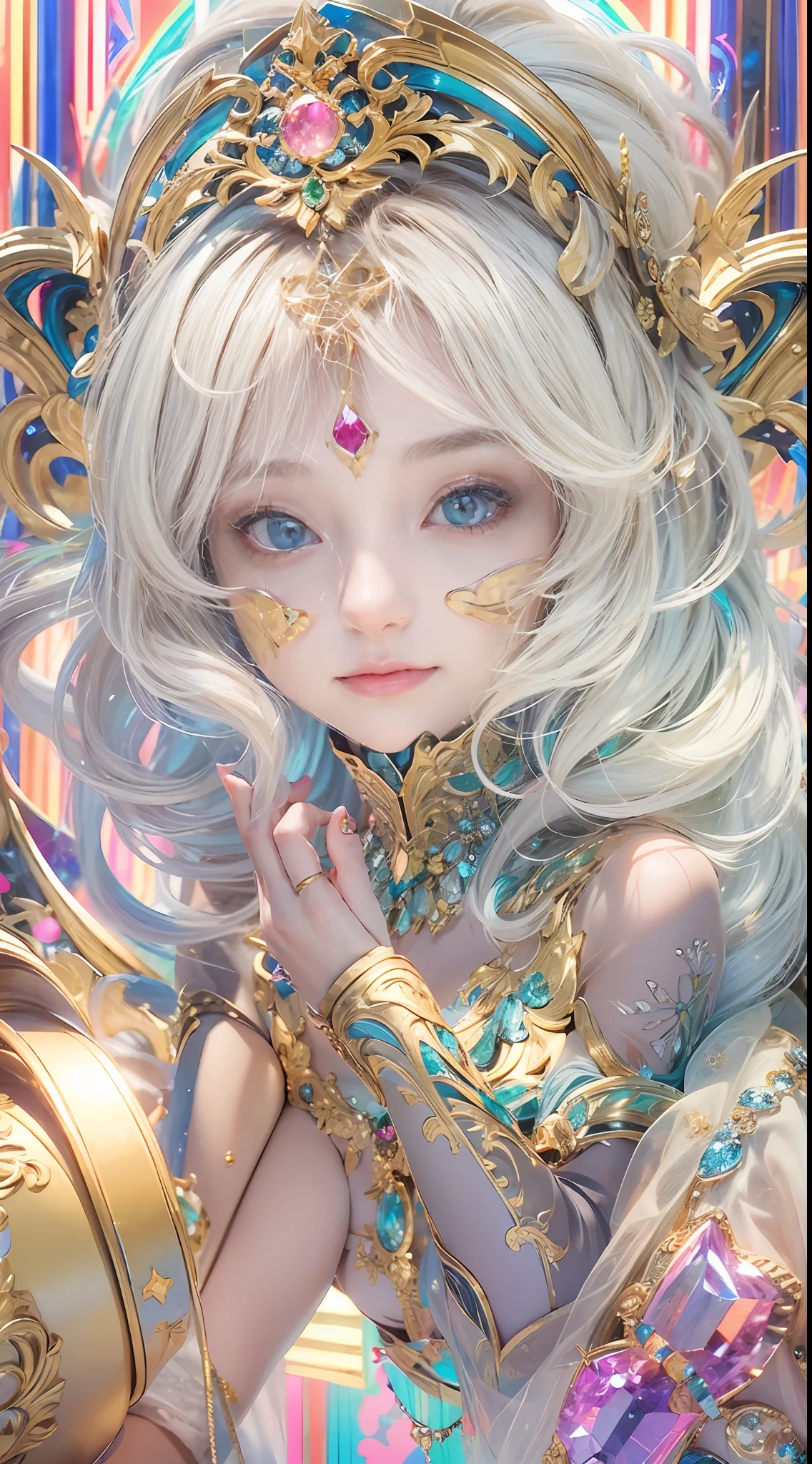 masterpiece,top-quality,concept-art,depth of fields:2,Best quality, ultra high res,ultra-fine,perfect eyes:2,hight resolution:2,ultra-detailliert:2,Super fine background:2,ultra intricate:2,Vivid neon with complex background color:2,Complex and colorful backgrounds:2,Lots of colors:2,Complex fractal art background:2,Complex abstract fine background:2,Complex Zentangle background:2,Traditional Western Cloth:2,full body photographed:2,Solo shooting:2,Paladin of an 18-year-old woman:2,Neon straight long hair,bare legs,bare arms,beautiful long legs,1人の女性,The face is glowing,Bright lighting overall,Super Cute Woman:1.8,grinning evily,((A girl with a shining whole body:1.5,A woman is looking at me, Great approach to women,White skin like porcelain:2,beautiful countenance:2,kawaii faces:2,Cute smile,Golden ratio:2,Very cute eyes:2,roundly eyes:2,dual:2,Round pupils:2,Beautiful crystal pupils:2,Very small mouth:2,very small nose:2,Cute mouth:2)),Best ratio of 4 fingers to 1 thumb:2,Best ratio 2 hands 2 legs:2,huge breasts2,Breast cleavage:2,Glowering_Gemstones in abundance_Knight's Full Armor,Glowering_rainbow_gradients__gauntlets & Sollet:2,A necklace made of sparkling and abundant gemstones:2,Accessories made of sparkling and abundant gemstones:2,sexypose:1.5,