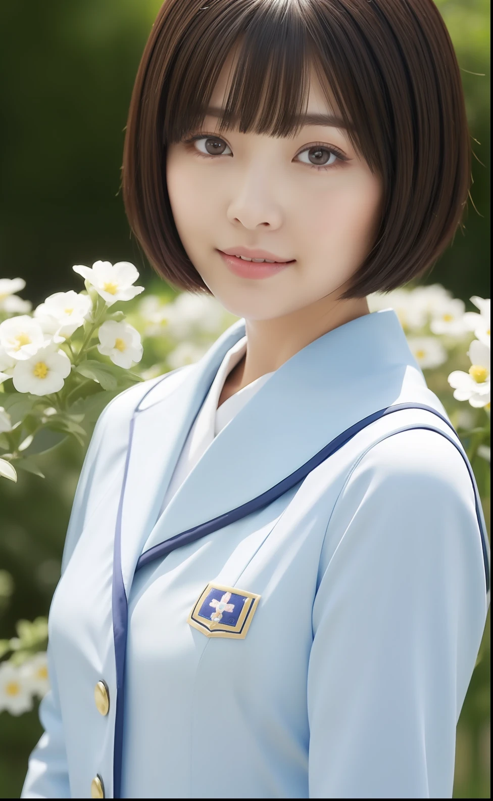 Cute Japan woman in short cut wearing new uniform at spring entrance ceremony、Against the background of a spring flower garden、Photorealsitic、Beautiful detailed eyes、Hyper-Realism、highcontrast、Ultra HD、realistic skin textures、Top image quality、top-quality、超A high resolution、Fine details、Very meticulously