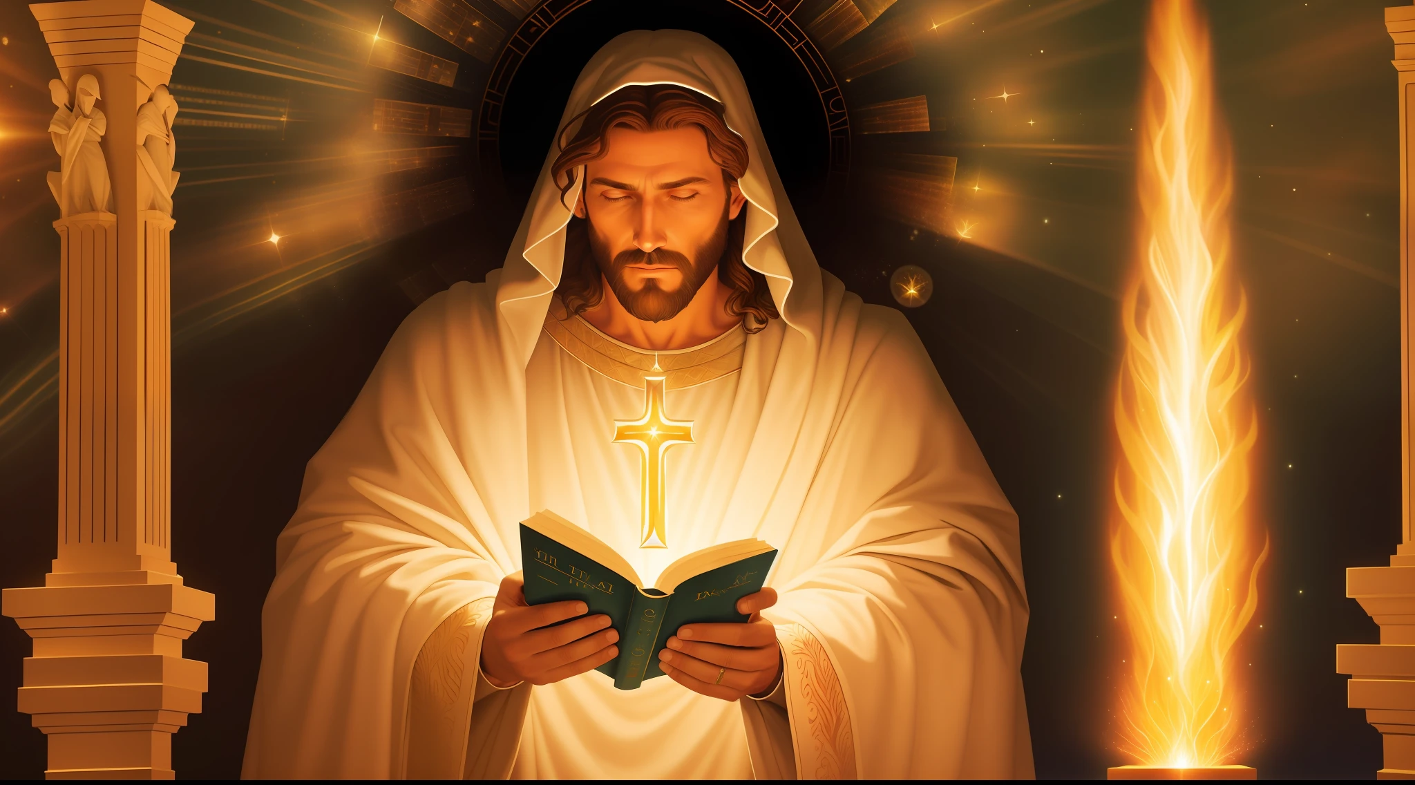 imagem de um homem com um manto branco lendo um livro, imagens religiosas, imagens sagradas, Jesus Cristo em Mass Effect, Raios de Luz Sagrada Sagrada, Directed by: Aleksander Gierymski, bible illustration, Tron legado Jesus Cristo, Jesus Cristo, brilho santo, catholic religious art, holy flame spell, jesus of nazareth, Directed by: Bernard Meninsky