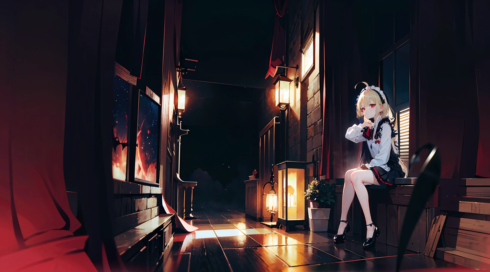 ta Gothic,Black pleated skirt,profile,incredibly_absurderes,Ray tracing,{Best quality}, {{Masterpiece}}, {A high resolution}, Original, Extremely detailed 8k wallpaper, 1girll, {An extremely delicate and beautiful},,Ray tracing,{Best quality}, {{Masterpiece}}, {A high resolution}, Original, Extremely detailed 8k wallpaper, {An extremely delicate and beautiful},,incredibly_absurderes,Colorful,intricately details,art book,,{Best quality}, {{Masterpiece}}, {A high resolution}, Original, Extremely detailed 8k wallpaper, {An extremely delicate and beautiful},,full body,Perspective,very wide angle shot,Overall view,,Red Moon,Starry sky,clusters of stars,Starry sky,glistening stars,,chies,A high resolution,Masterpiece,art of light novel,art of light novel,Vampire,Petite,loliashion,neat figure,Slender waist,Long hair,Red eyes,Blonde_Hair,looking at the distance,standing,hiddenhands,hiddenhands,Slim legs,Knees Together,Serious,Beautiful detailed eyes,Gothic_Lolita,Ped skirt,Loli,mary_jalace-trimmed_mitts,maid headdress,hair adornments,Cross necklace,cloaks ,Tiny_chest,Tiny_chest,ahoge,leg loops,tchibi,Q version,Detail fingers,