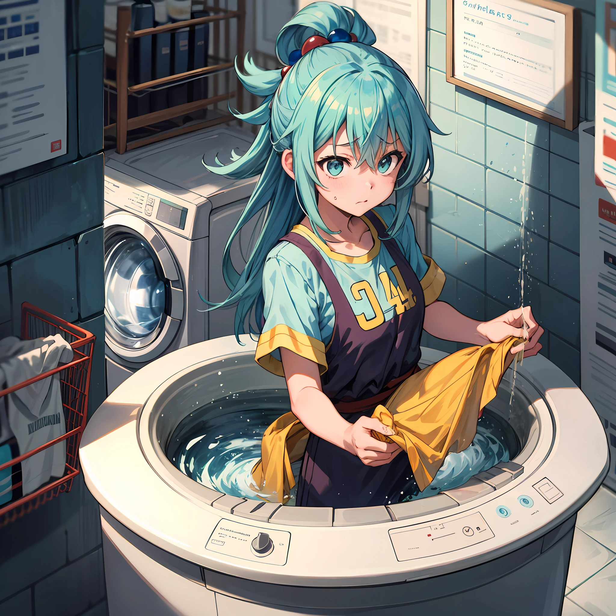 (melhor qualidade: 1.4), Anime Konosuba, sozinho, Aqua (cabelo longo) na lavanderia , washing clothes in the washing machine, triste, chorando