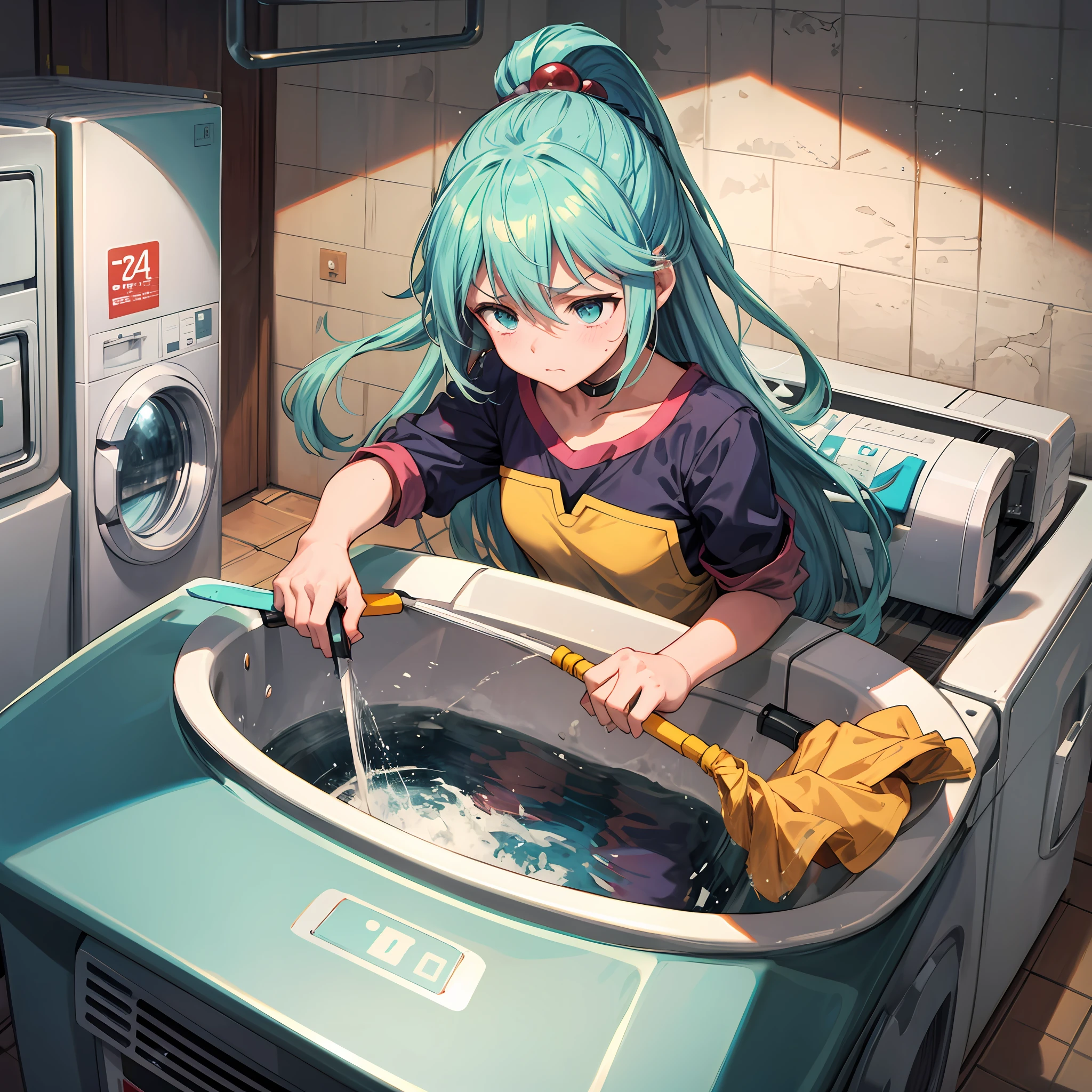 (melhor qualidade: 1.4), Anime Konosuba, sozinho, Aqua (cabelo longo) na lavanderia , washing clothes in the washing machine, triste, chorando