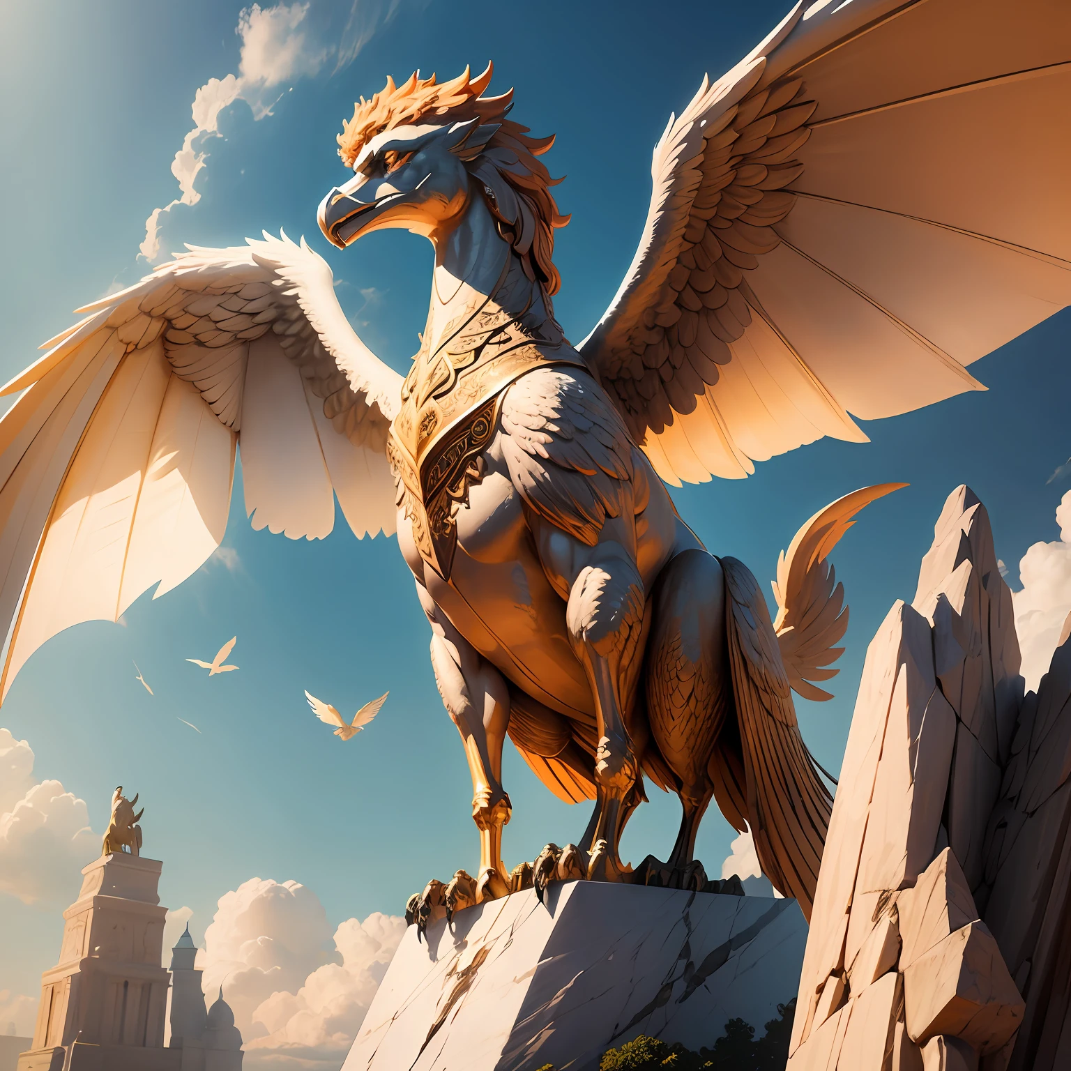 The griffin statue is colossal, com mais de 30 metros de altura. It is carved in stone, But his eyes are made of a magic crystal that glows in an amber hue. Its four wings are spread, parecendo prontas para voar. --auto