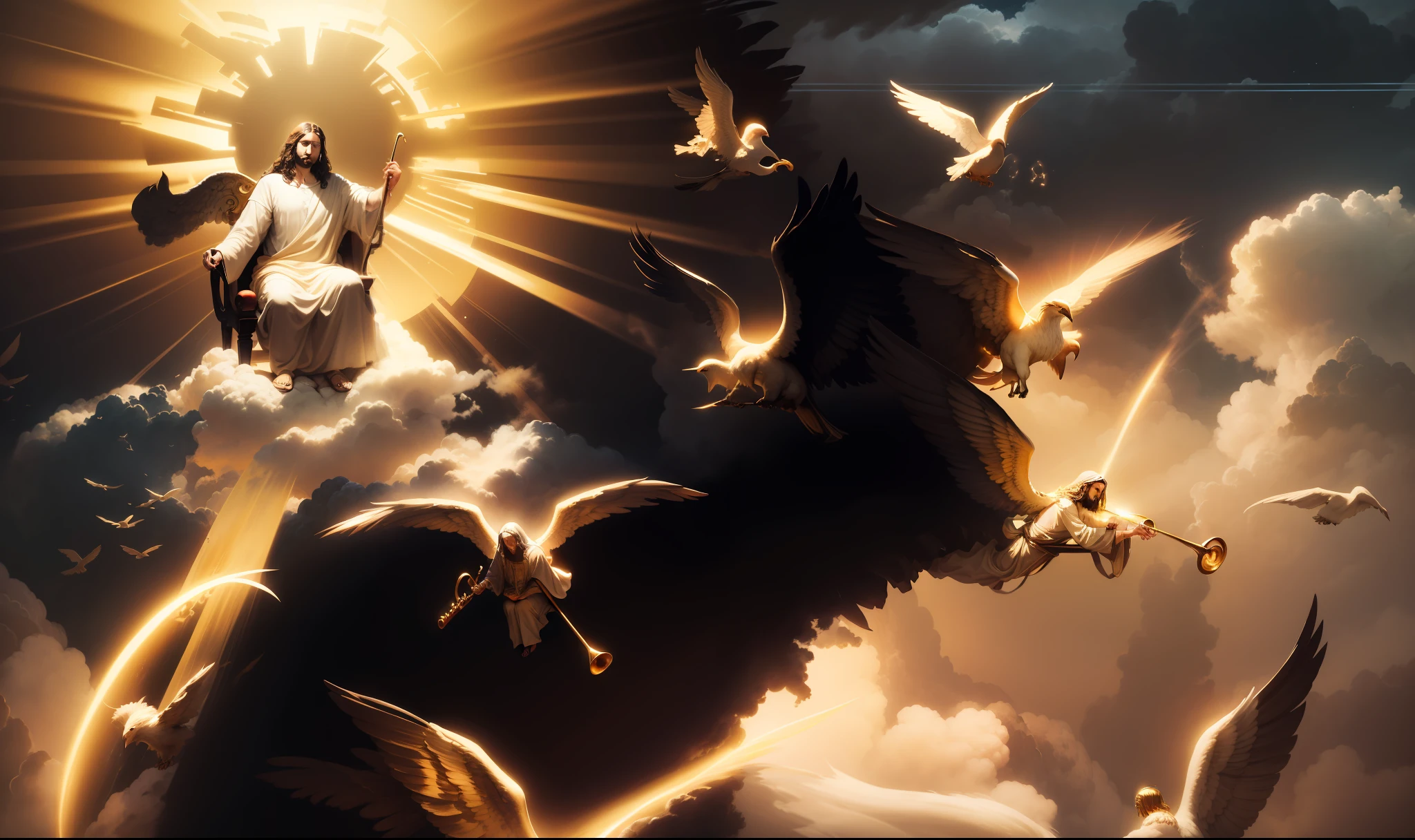 Jesus Christ seated on his golden throne on the clouds of heaven, a seu lado anjo voando tocando trombetas.