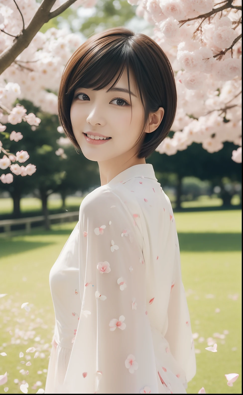 Cute Japan woman with short cut walking in the park while feeling the petals in the spring breeze、Confetti、Photorealsitic、Beautiful detailed eyes、Hyper-Realism、highcontrast、Ultra HD、realistic skin textures、Top image quality、top-quality、超A high resolution、Fine details、Very meticulously