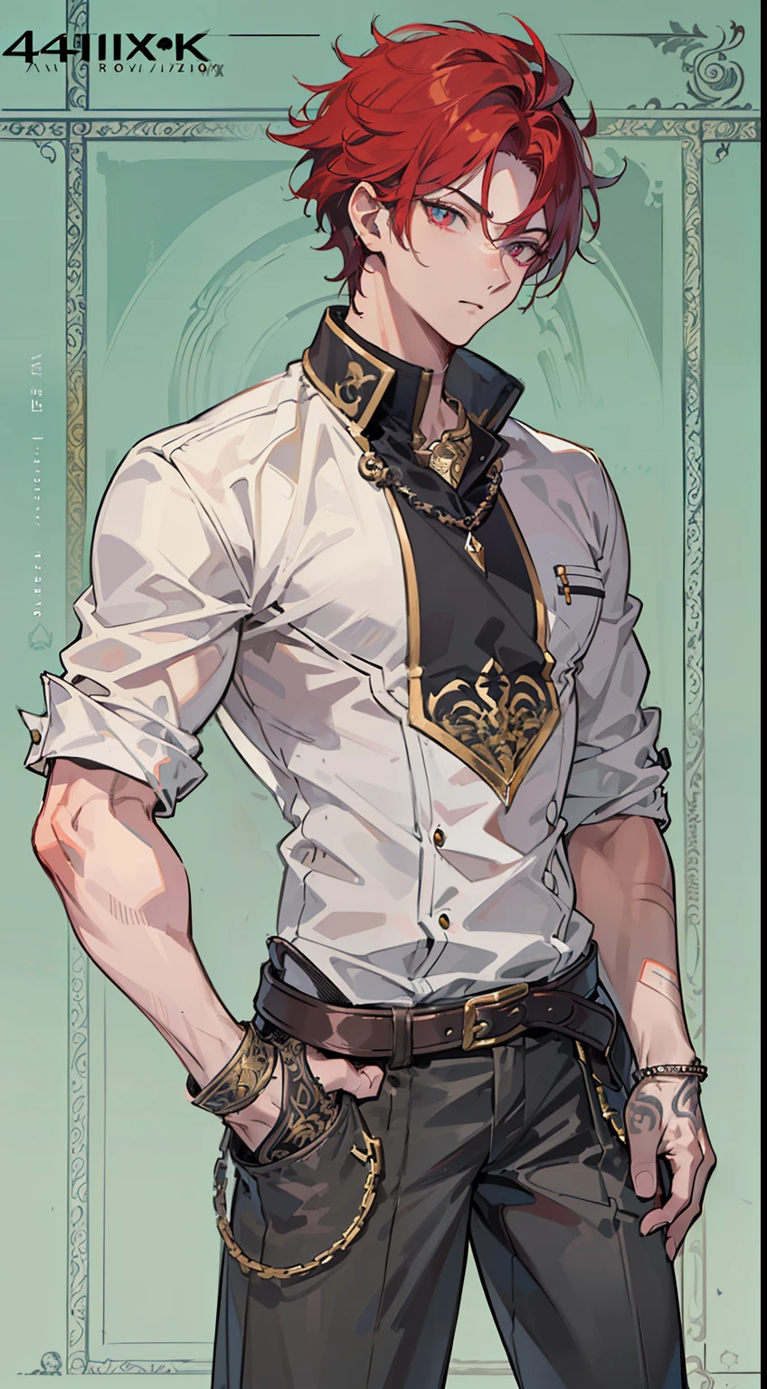 ((highest quality, masterpiece, 4k, finely detailed, detailed eyes, detailed face, intricate details, pixiv, gelbooru)), (((reference sheet, full body pose))), male, wild hairstyle, black and red hair, modern clothing, sharp eyes, intense pose, handsome sharp features, masculine, muscular