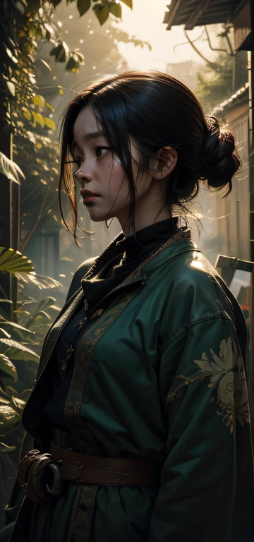 Jisoo, digital illustration art, detailed and intricate, Dense jungle, filled with exotic plants and animals, Sun light, seeping through the canopy, creating a spotty effect. In the style of Yoshitaka Amano and Hayao Miyazaki, tmasterpiece, proportional, Detailed, Popular at the art station, Beautiful lighting, realisti, an intricate, Award-winning, 4k, topquality, Award-winning, 4K digital painting in the style of Yoshitaka Amano. Detailed and intricate depiction of the zombie apocalypse, masterfully conveying the chaos and drama of the scene. Beautiful lighting and cinematic composition make this work a real masterpiece, Popular on ArtStation.