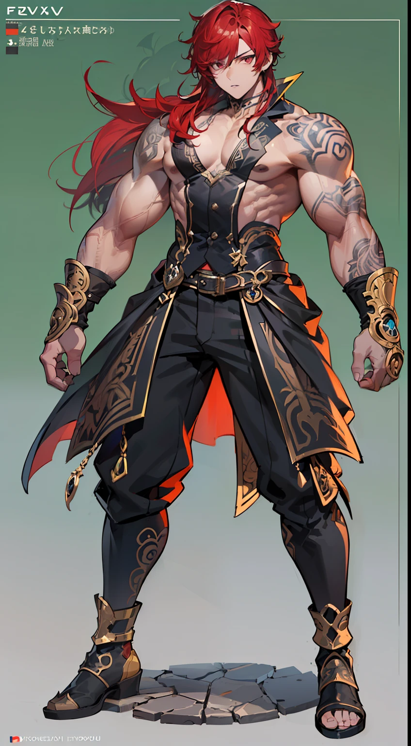 ((highest quality, masterpiece, 4k, finely detailed, detailed eyes, detailed face, intricate details, pixiv, gelbooru)), (((reference sheet, full body pose))), male, wild hairstyle, black and red hair, modern clothing, sharp eyes, intense pose, handsome sharp features, masculine, muscular