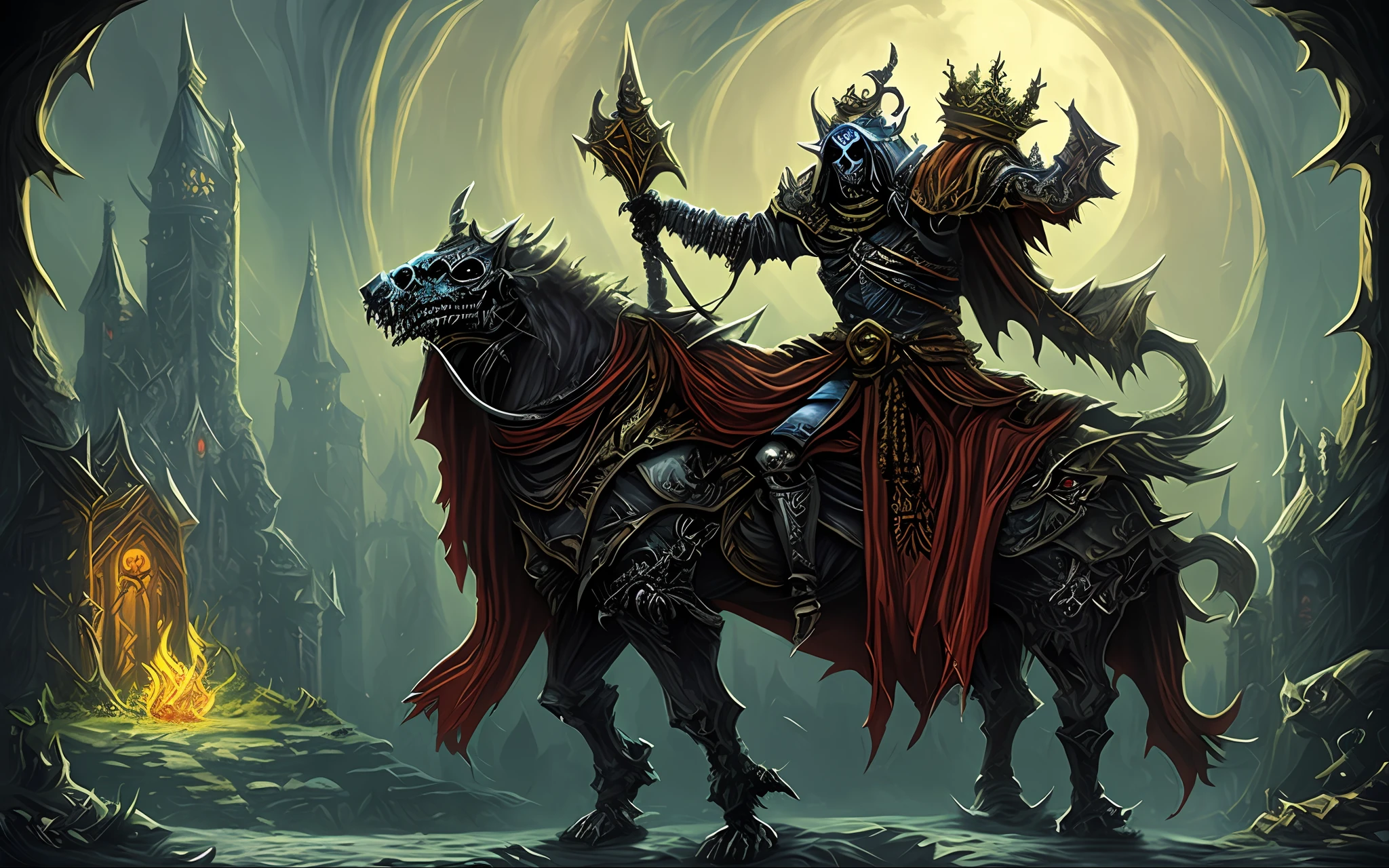 It shows a figure riding a skeleton horse，He is the Death Knight and the Lich Vikner(D&D)。He is an undead Lich，Dressed in Gilderwal style artwork，Fight ghouls。He is a powerful Lich mage，Death Knight class，A cyborg's necromancer。There is D in this scene&D's Lich and Lich King Ish，and the Undead Skeleton King。The whole picture has a fantasy card game art style。