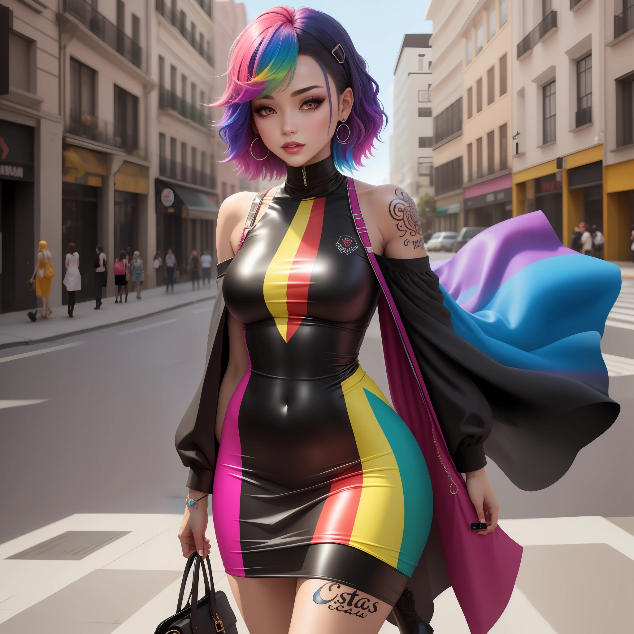 Mulher andando pela rua com uma mala e uma tatuagem nas costas, rainbow clothes, vestido colorido, Estilo de tatuagem, multi colorido, corpo tatuado, tatuagens de corpo inteiro, tatuagens de corpo inteiro, colorido, colorido, infinidade de cores ; mini vestido, costas tatuadas, tiro de costas, moda colorida, skintight rainbow body suit, Na rua