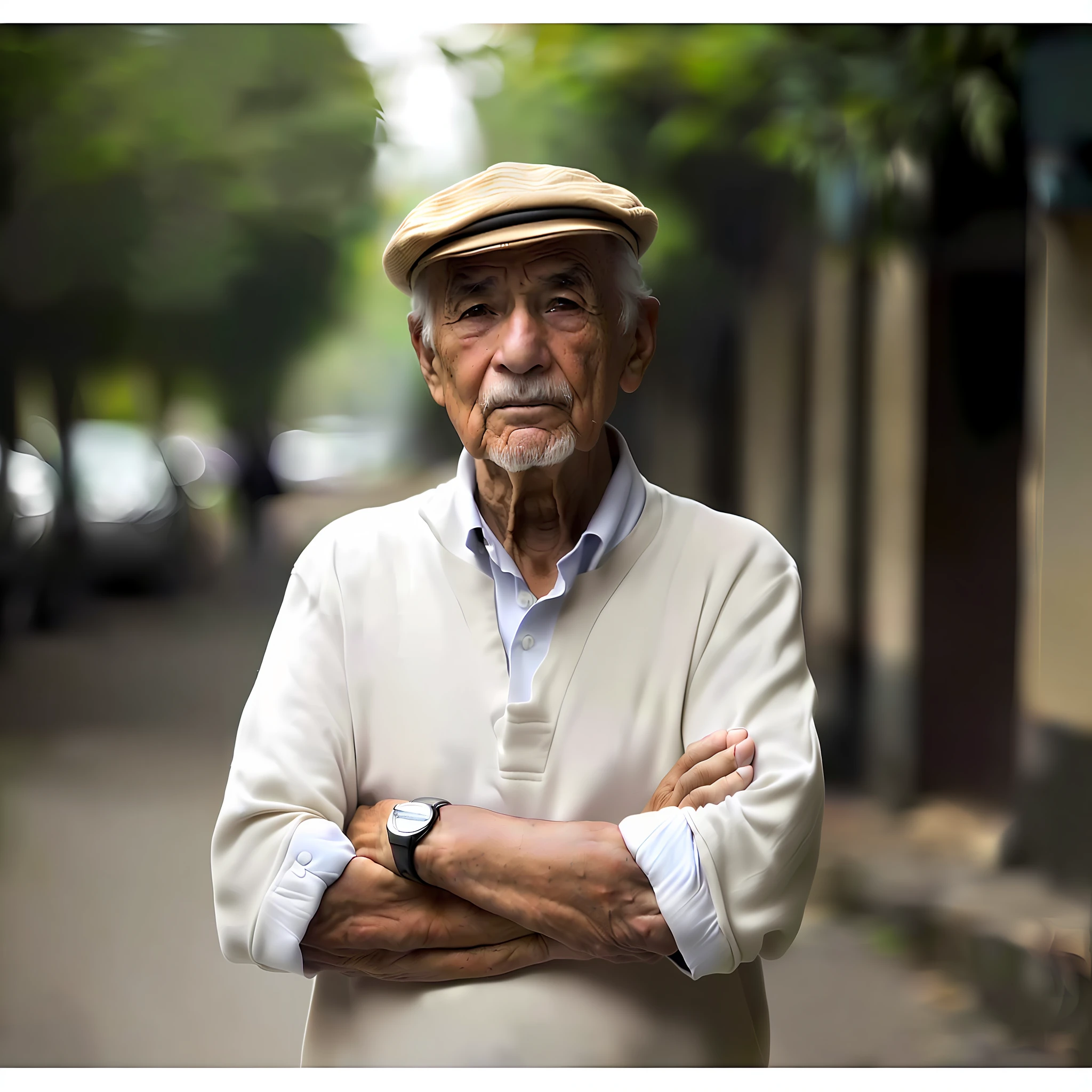 There's a man in a hat and sweater standing in the street, homem bonito, Retrato de 50mm, foto de um homem, 7 0 mm portrait, foto do retrato de um homem velho, Retrato de 60mm, um homem de 80 anos, old man, ele tem cerca de 7 0 anos de idade, foto de retrato detalhada, ele tem cerca de 8 0 anos de idade