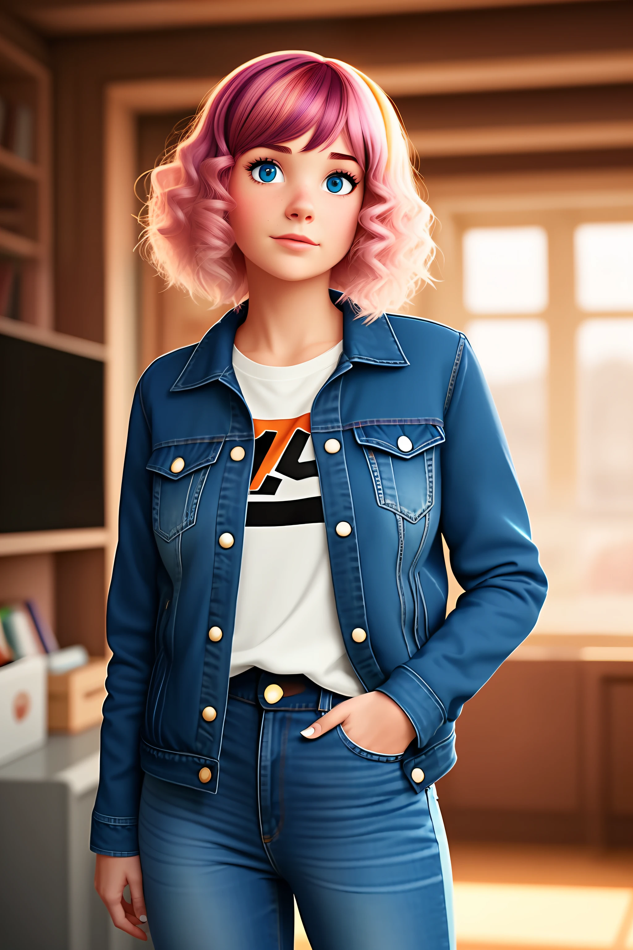 Realistic pixar movies style girl with colorful hair, jeans jacket